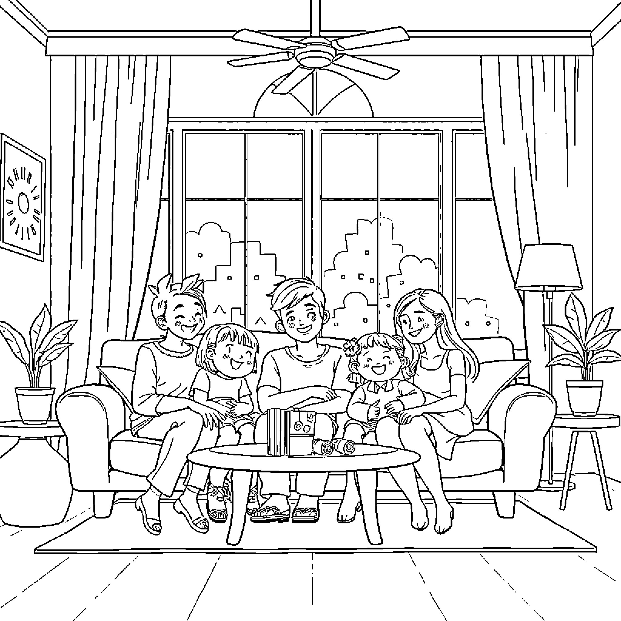 Family gathering in cozy living room Coloring Page (free black-and-white line drawing printable PDF for all, from beginners to advanced learners, including children, teens, adults, and seniors)