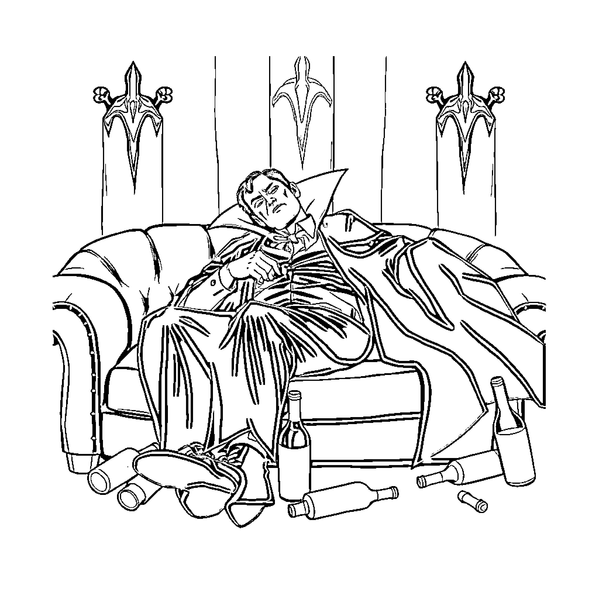 Dracula resting in his gothic chamber Coloring Page (free black-and-white line drawing printable PDF for all, from beginners to advanced learners, including children, teens, adults, and seniors)