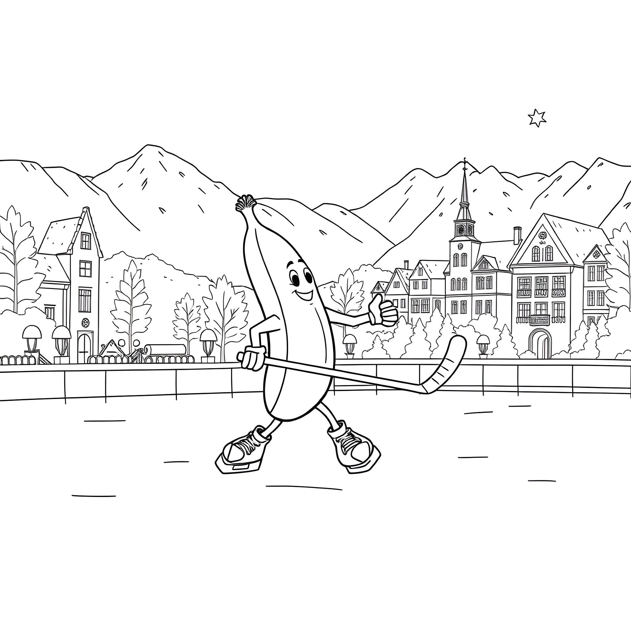 Banana running happily through a town landscape Coloring Page (free black-and-white line drawing printable PDF for all, from beginners to advanced learners, including children, teens, adults, and seniors)