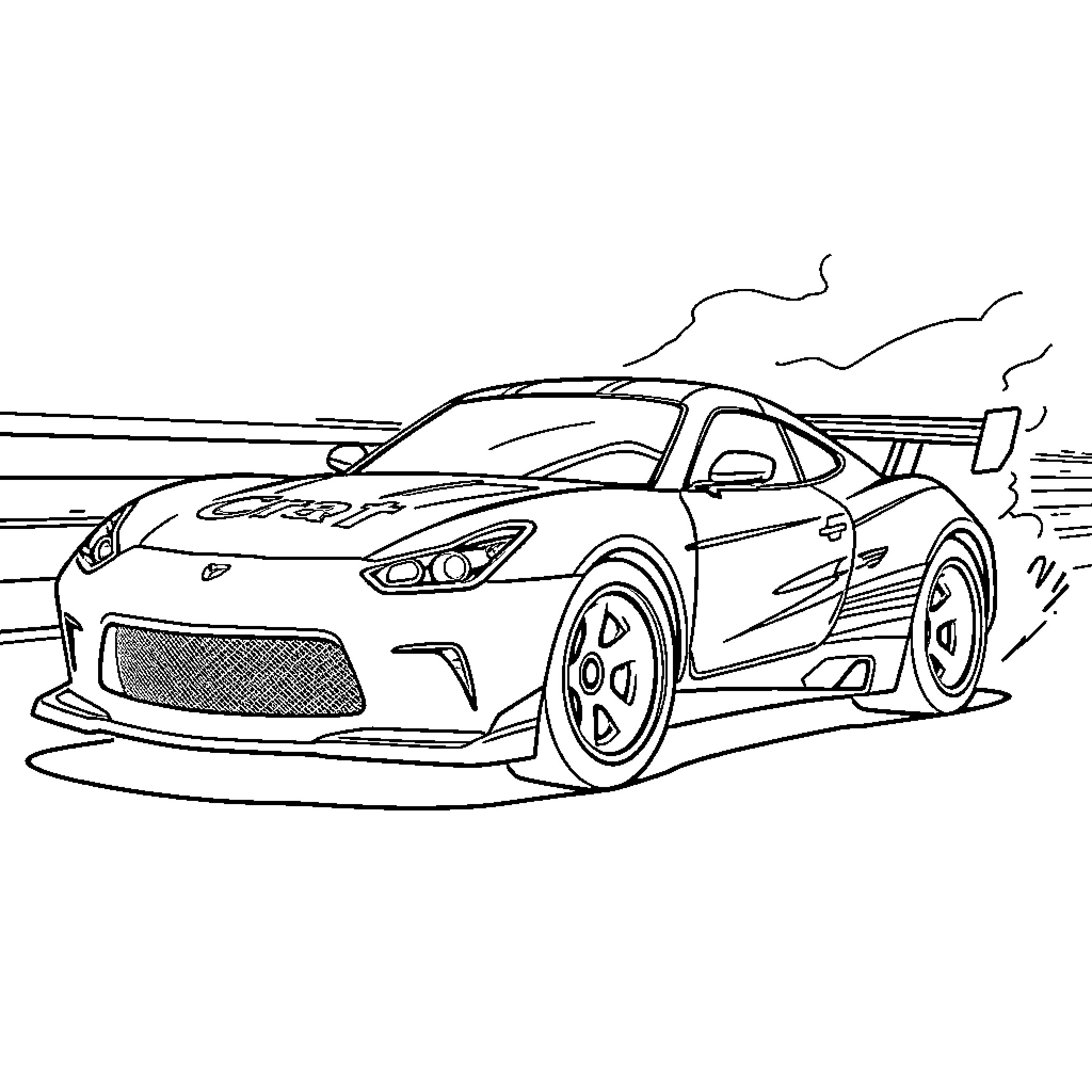 Hot Wheels supercar racing on the track Coloring Page (free black-and-white line drawing printable PDF for all, from beginners to advanced learners, including children, teens, adults, and seniors)