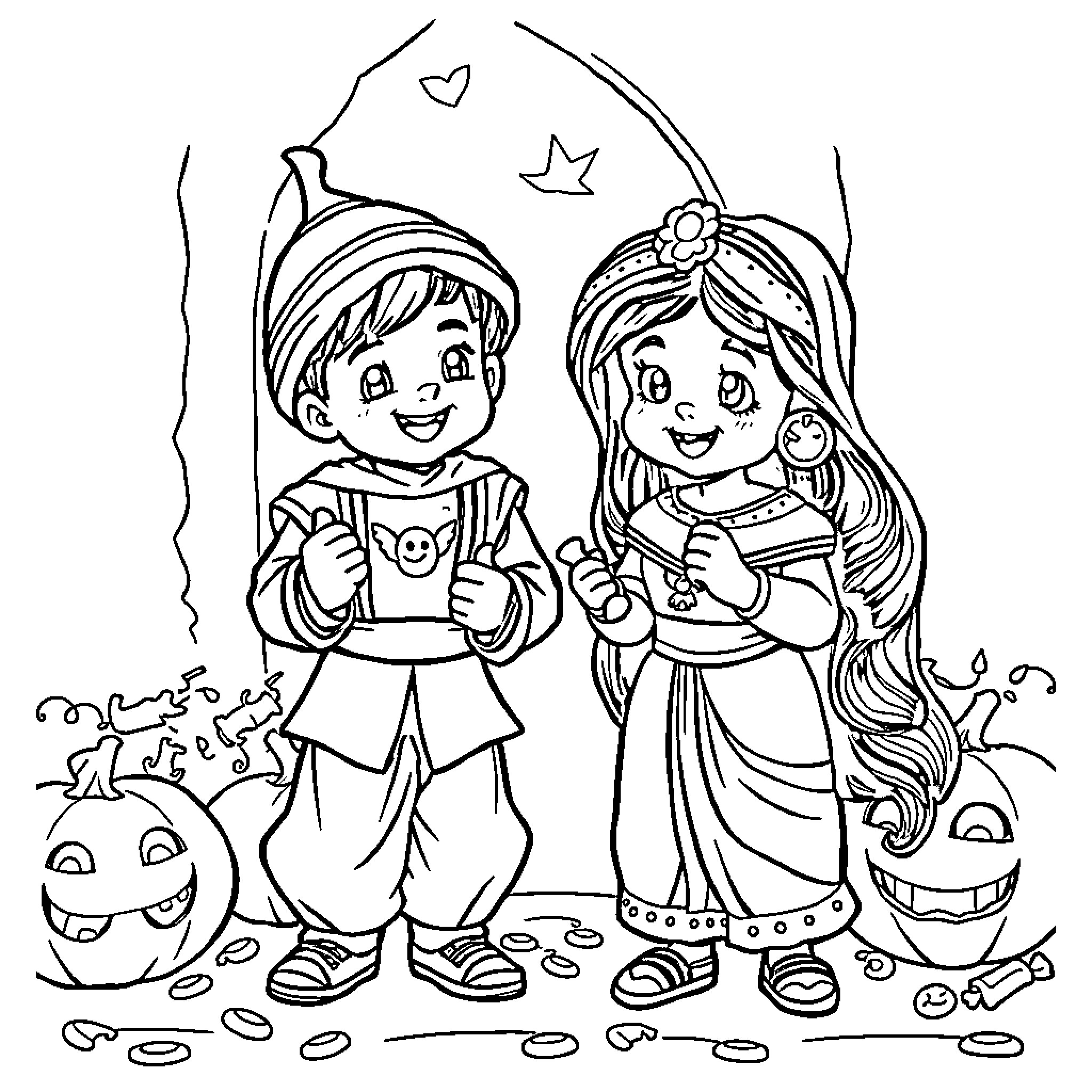 Toddler boy and girl dressed up for Halloween Coloring Page (free black-and-white line drawing printable PDF for all, from beginners to advanced learners, including children, teens, adults, and seniors)