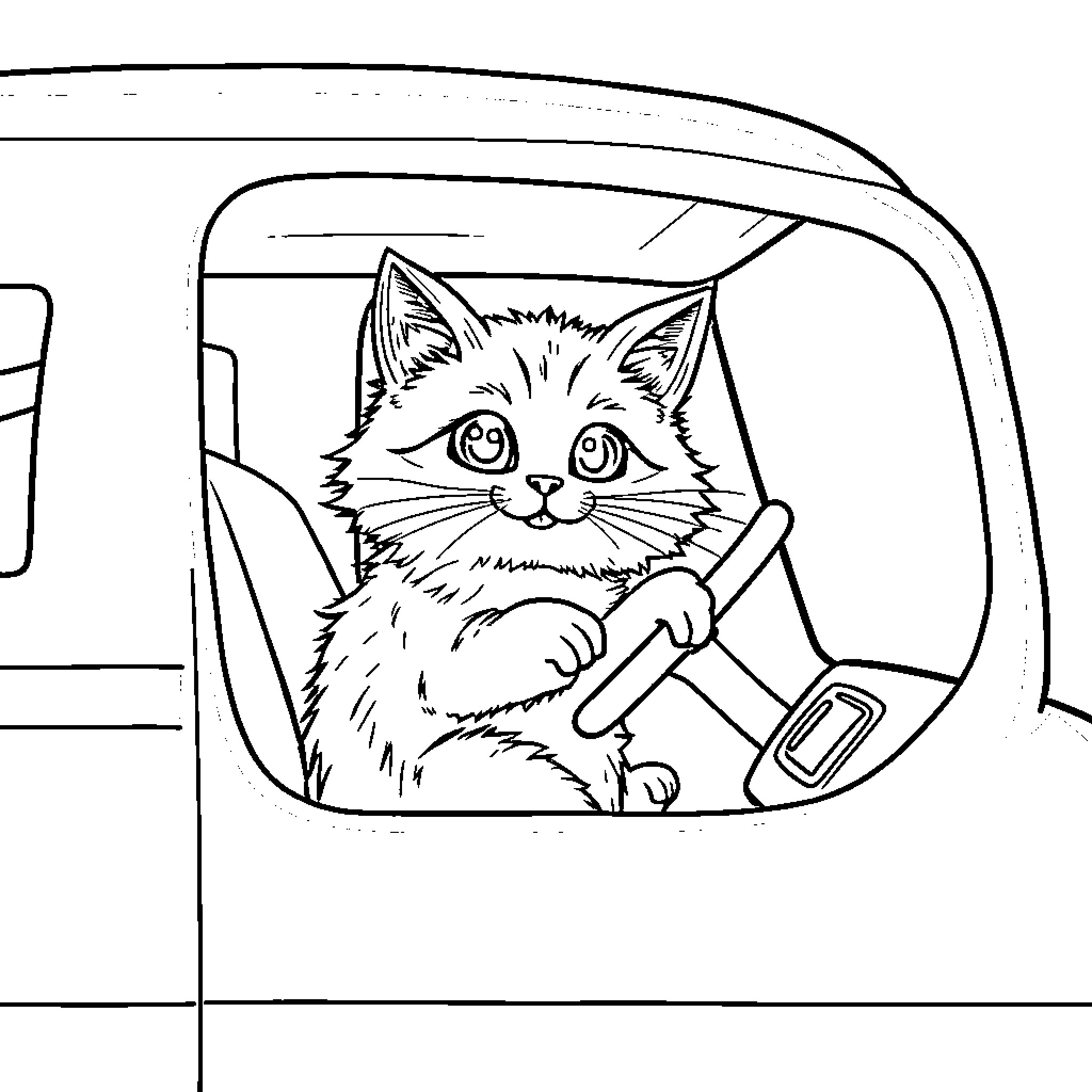 Cat driving a car with curiosity Coloring Page (free black-and-white line drawing printable PDF for all, from beginners to advanced learners, including children, teens, adults, and seniors)