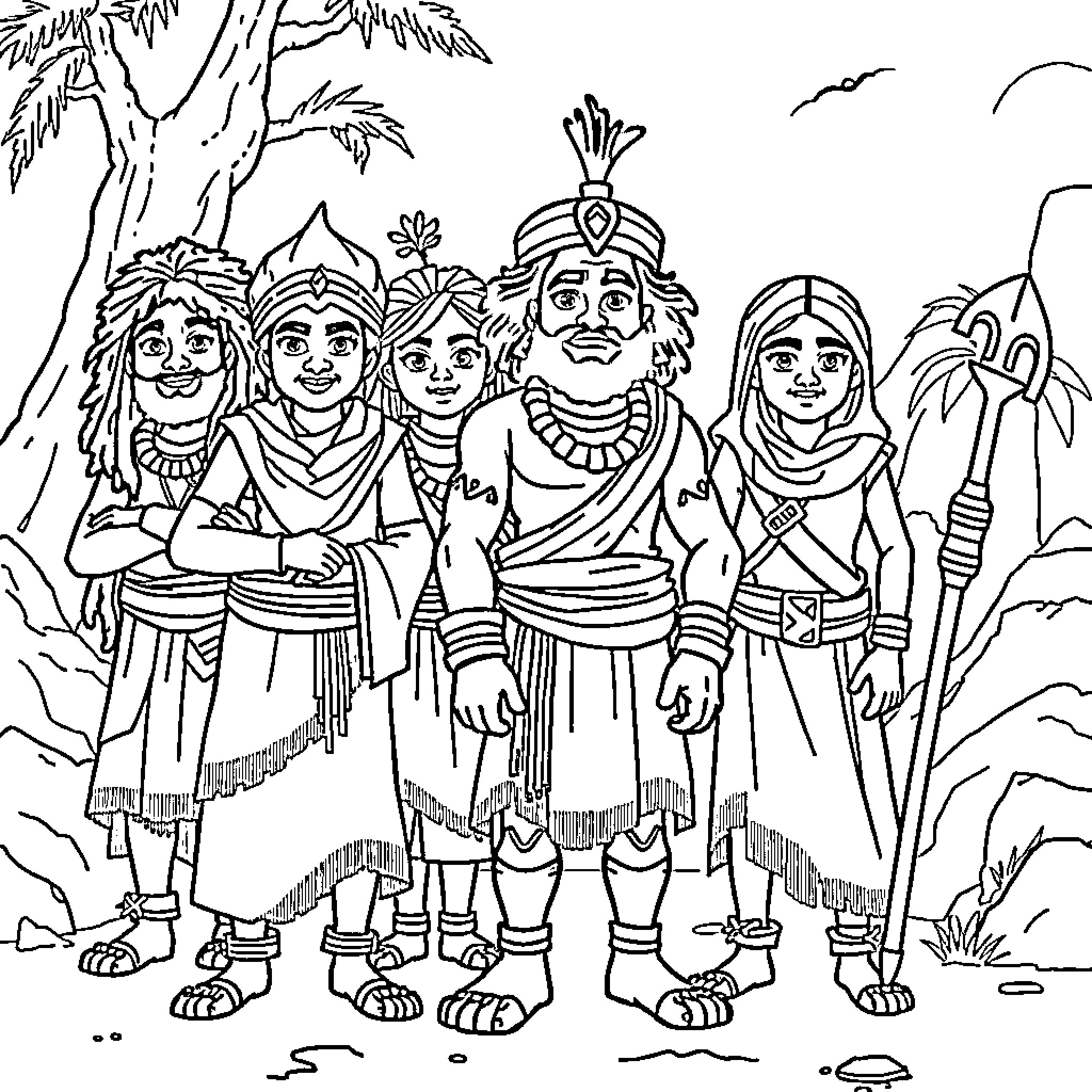 Iyanu and a group of people in traditional attire Coloring Page (free black-and-white line drawing printable PDF for all, from beginners to advanced learners, including children, teens, adults, and seniors)
