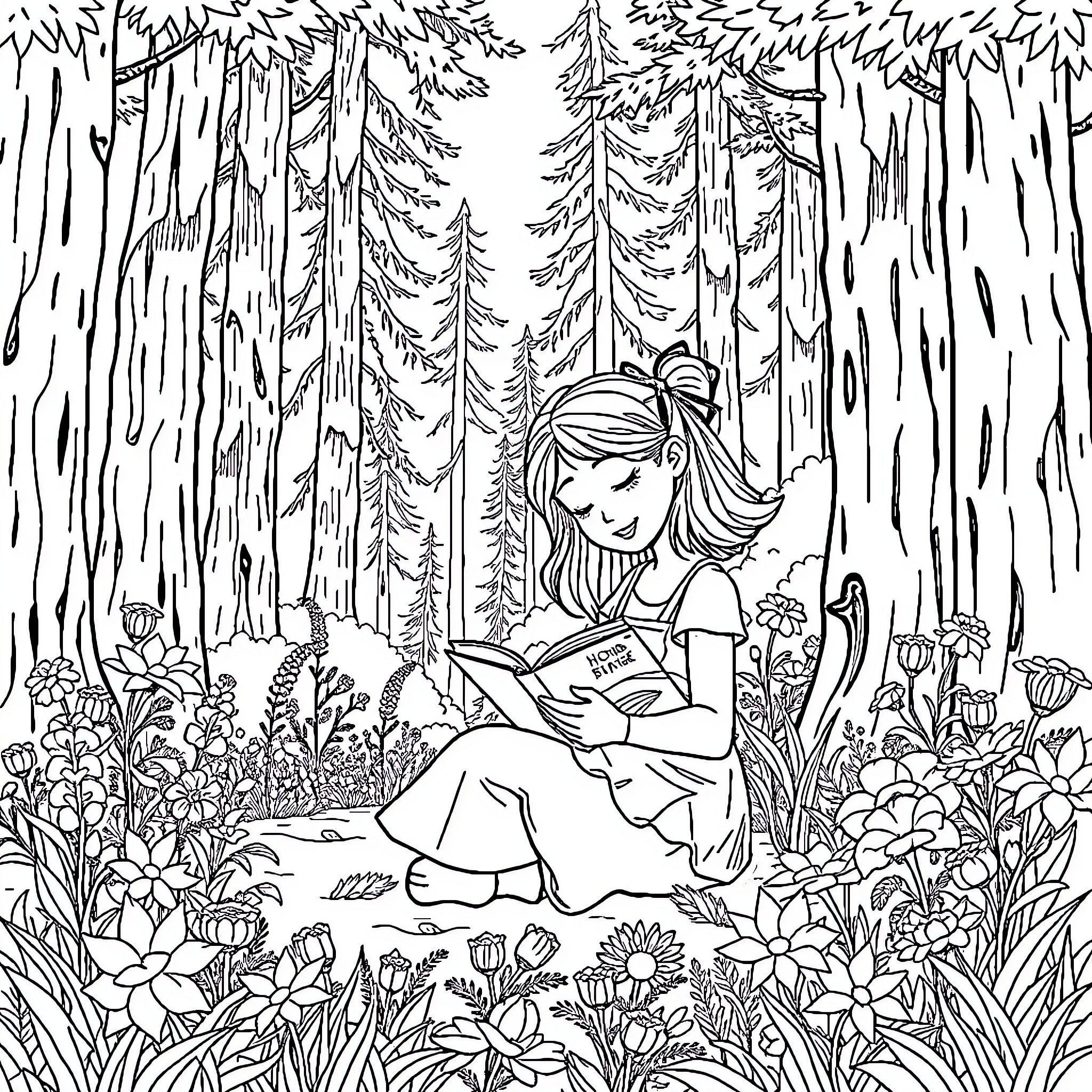 Girl reading a book in a serene forest Coloring Page (free black-and-white line drawing printable PDF for all, from beginners to advanced learners, including children, teens, adults, and seniors)