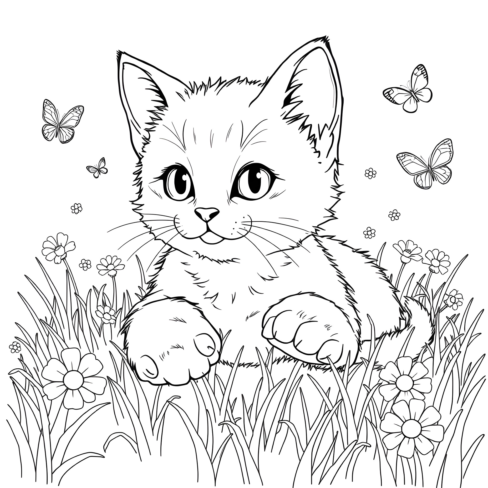 Cat in a Floral Garden with Butterflies Coloring Page (free black-and-white line drawing printable PDF for all, from beginners to advanced learners, including children, teens, adults, and seniors)