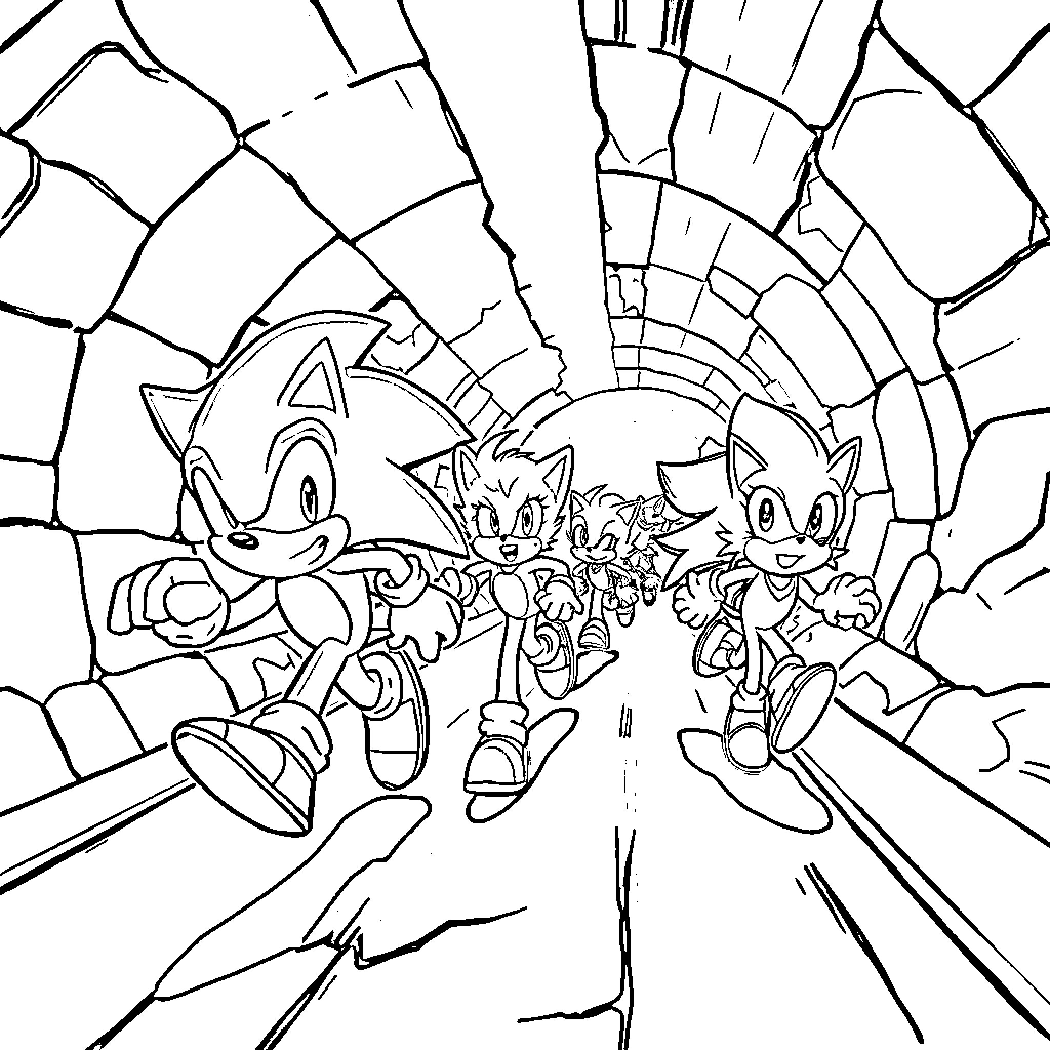 Sonic and Friends Racing Through Tunnel Coloring Page (free black-and-white line drawing printable PDF for all, from beginners to advanced learners, including children, teens, adults, and seniors)