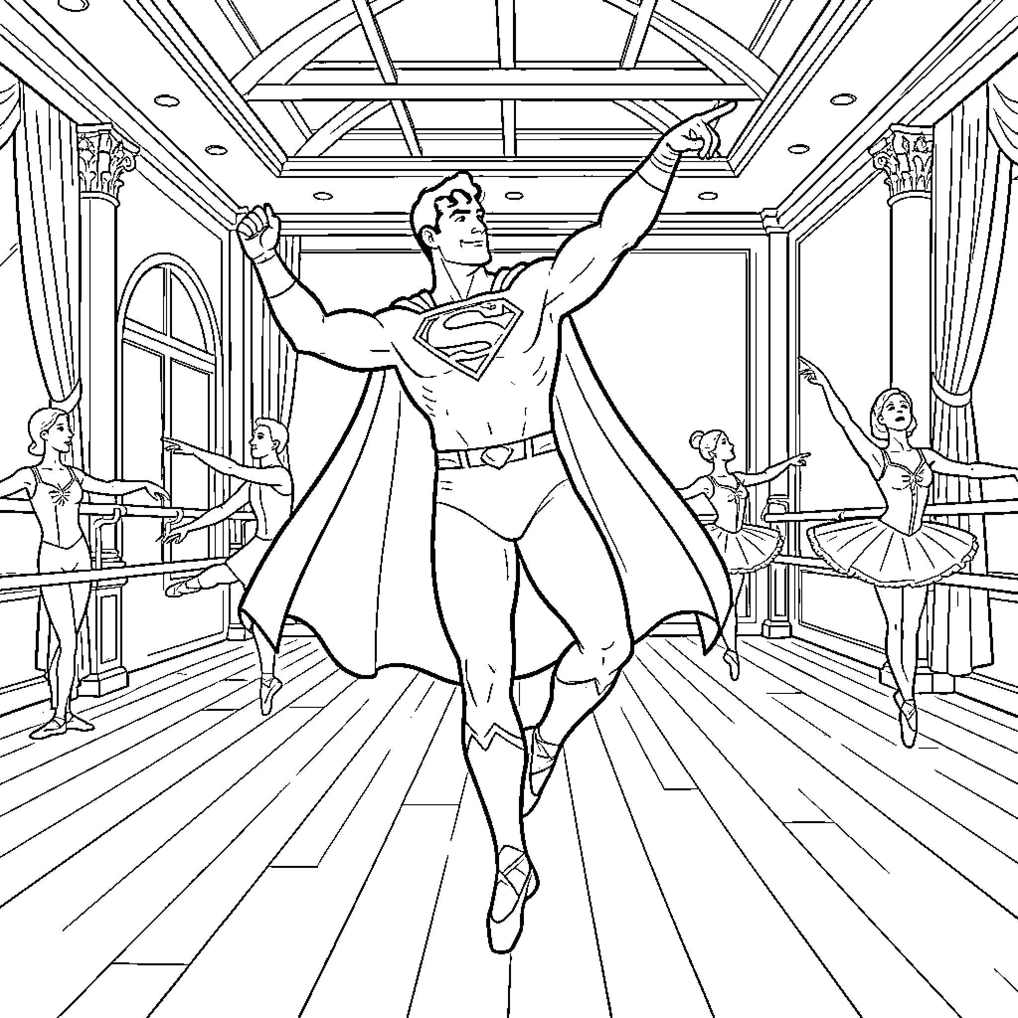 Superman soaring through a grand ballroom Coloring Page (free black-and-white line drawing printable PDF for all, from beginners to advanced learners, including children, teens, adults, and seniors)