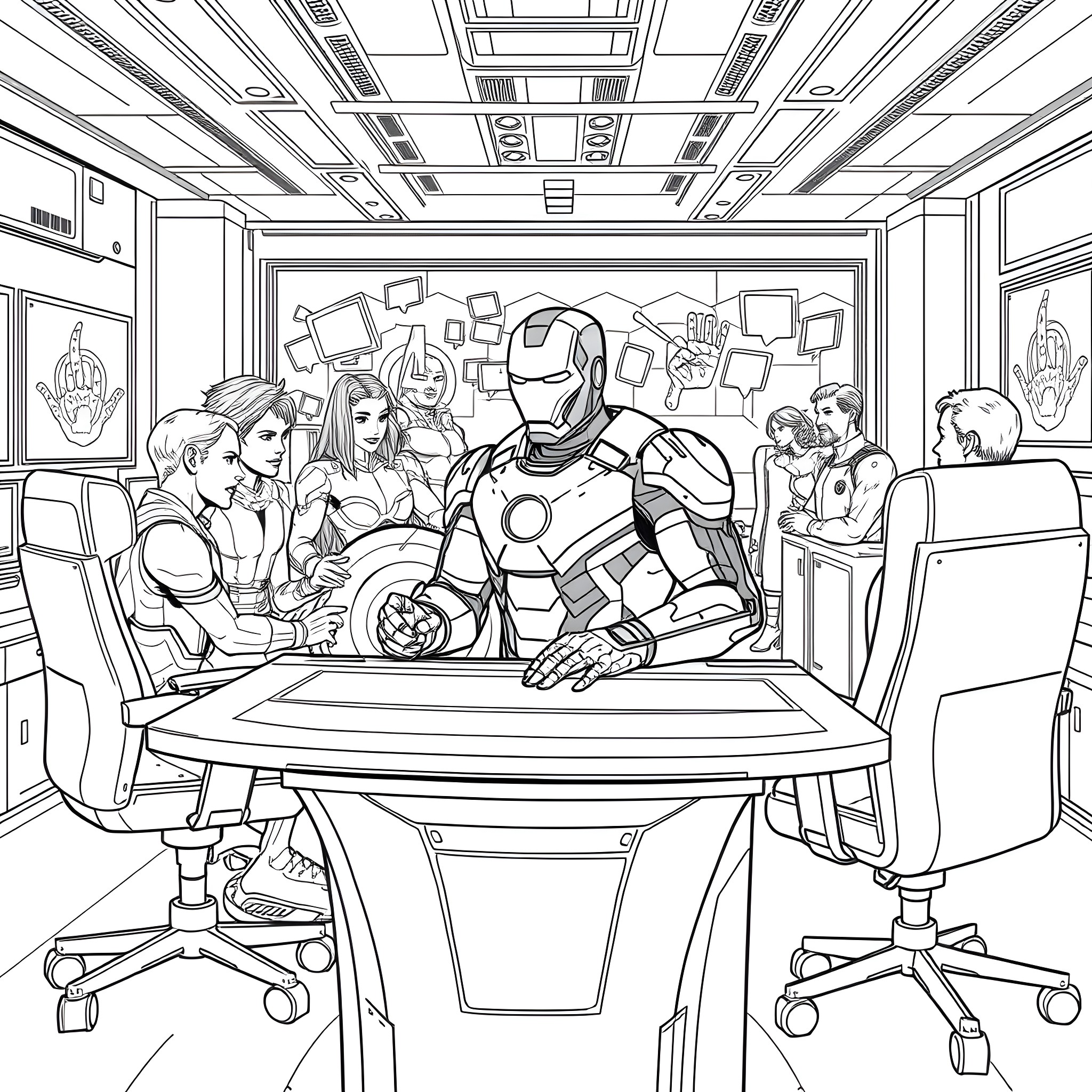 Ironman meeting with superheroes in a futuristic conference room Coloring Page (free black-and-white line drawing printable PDF for all, from beginners to advanced learners, including children, teens, adults, and seniors)