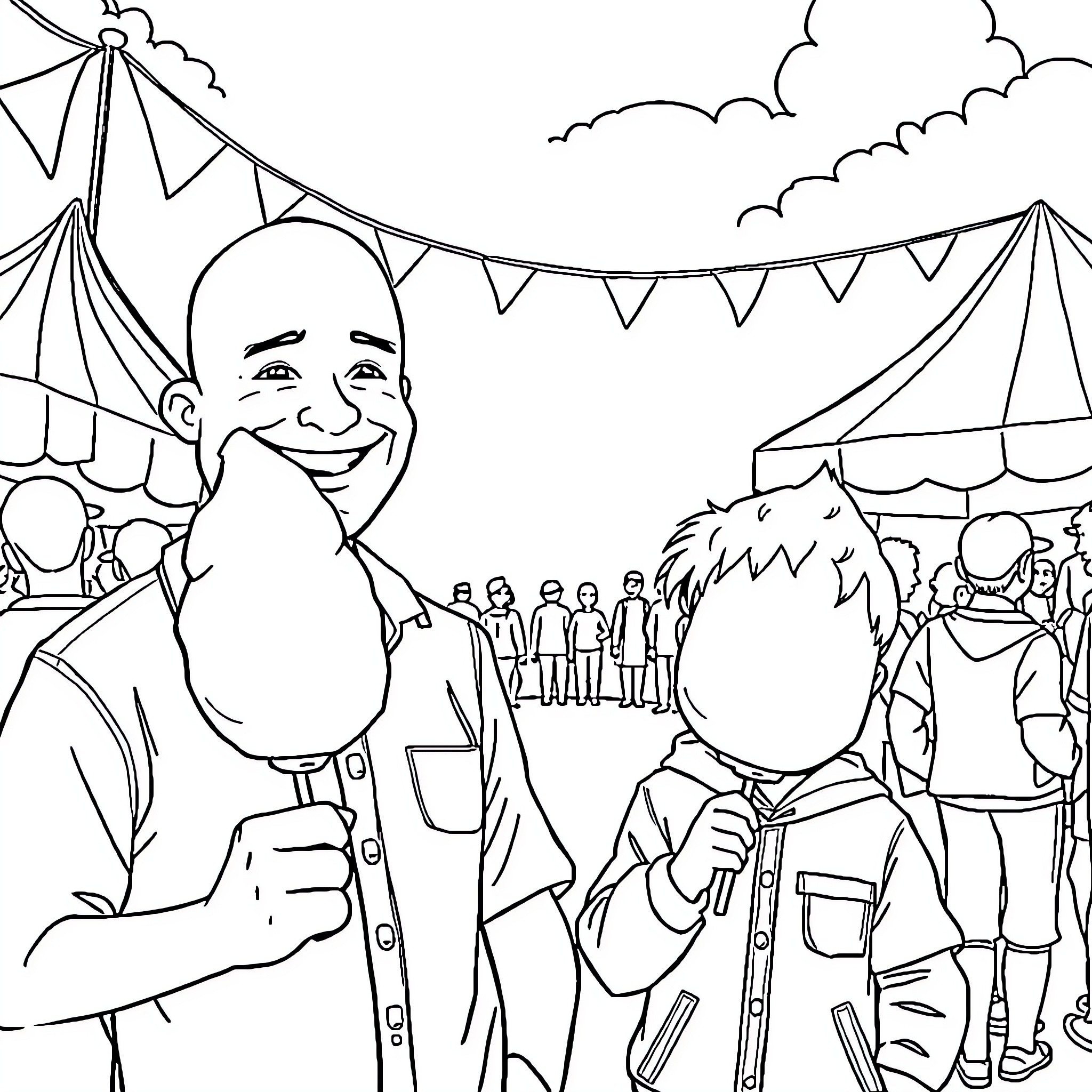 Guy enjoying a lively carnival festival Coloring Page (free black-and-white line drawing printable PDF for all, from beginners to advanced learners, including children, teens, adults, and seniors)