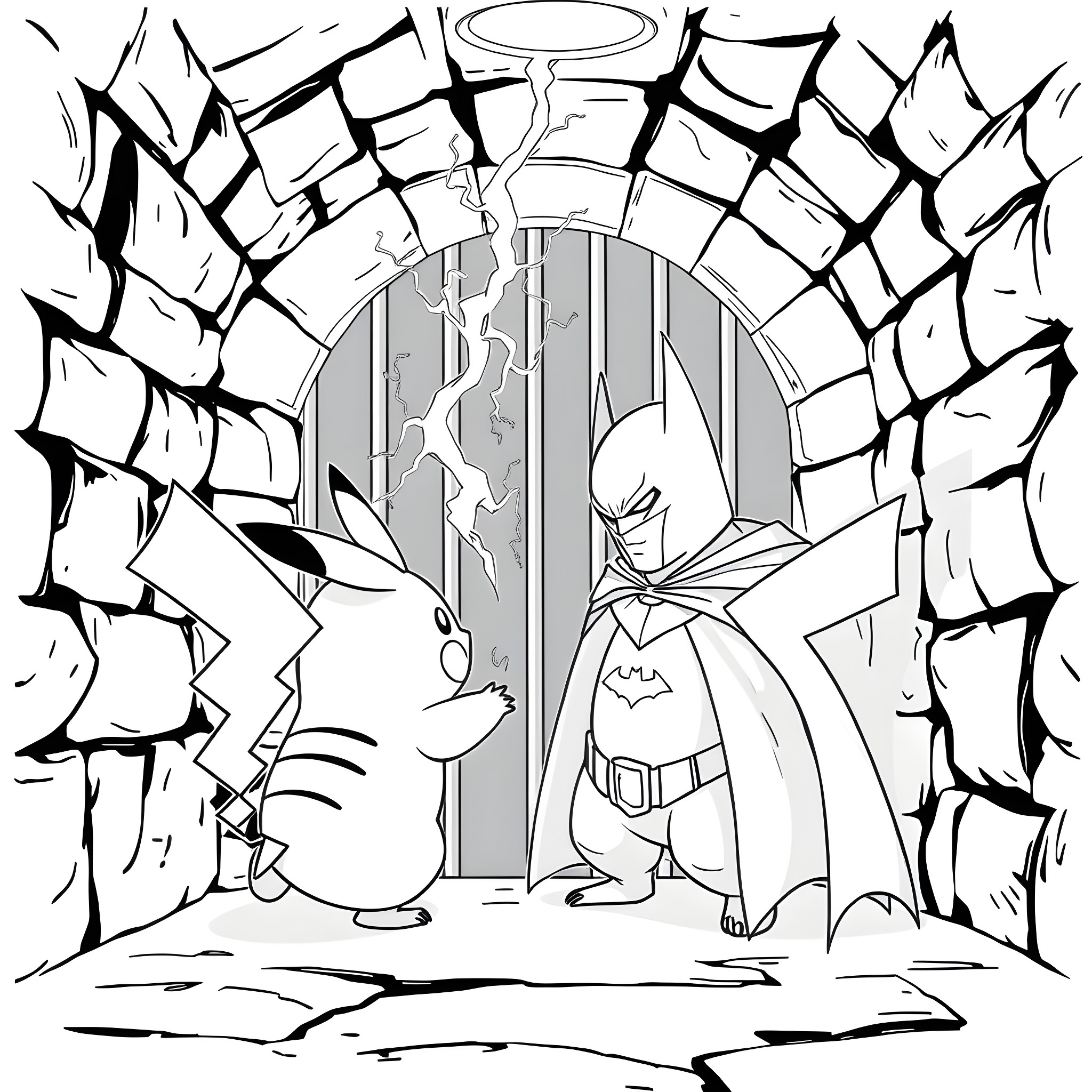 Pikachu and Pokemon Hero in Dramatic Landscape Coloring Page (free black-and-white line drawing printable PDF for all, from beginners to advanced learners, including children, teens, adults, and seniors)