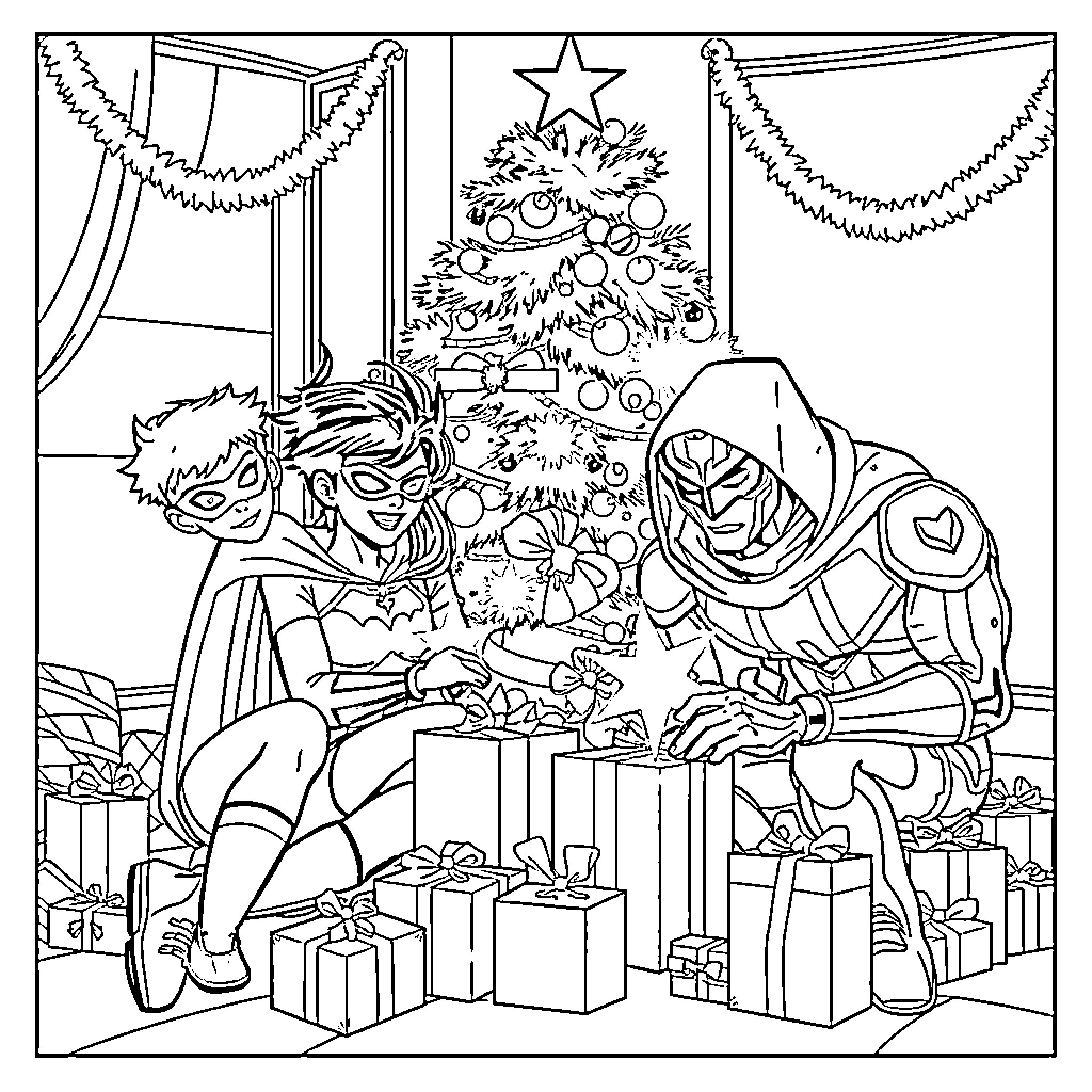 Teen Titans Celebrate Christmas with Gifts and Decorations Coloring Page (free black-and-white line drawing printable PDF for all, from beginners to advanced learners, including children, teens, adults, and seniors)