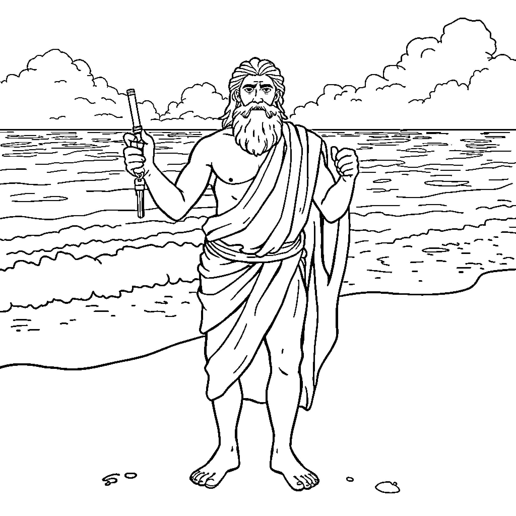 Odysseus standing on the shore with trident Coloring Page (free black-and-white line drawing printable PDF for all, from beginners to advanced learners, including children, teens, adults, and seniors)