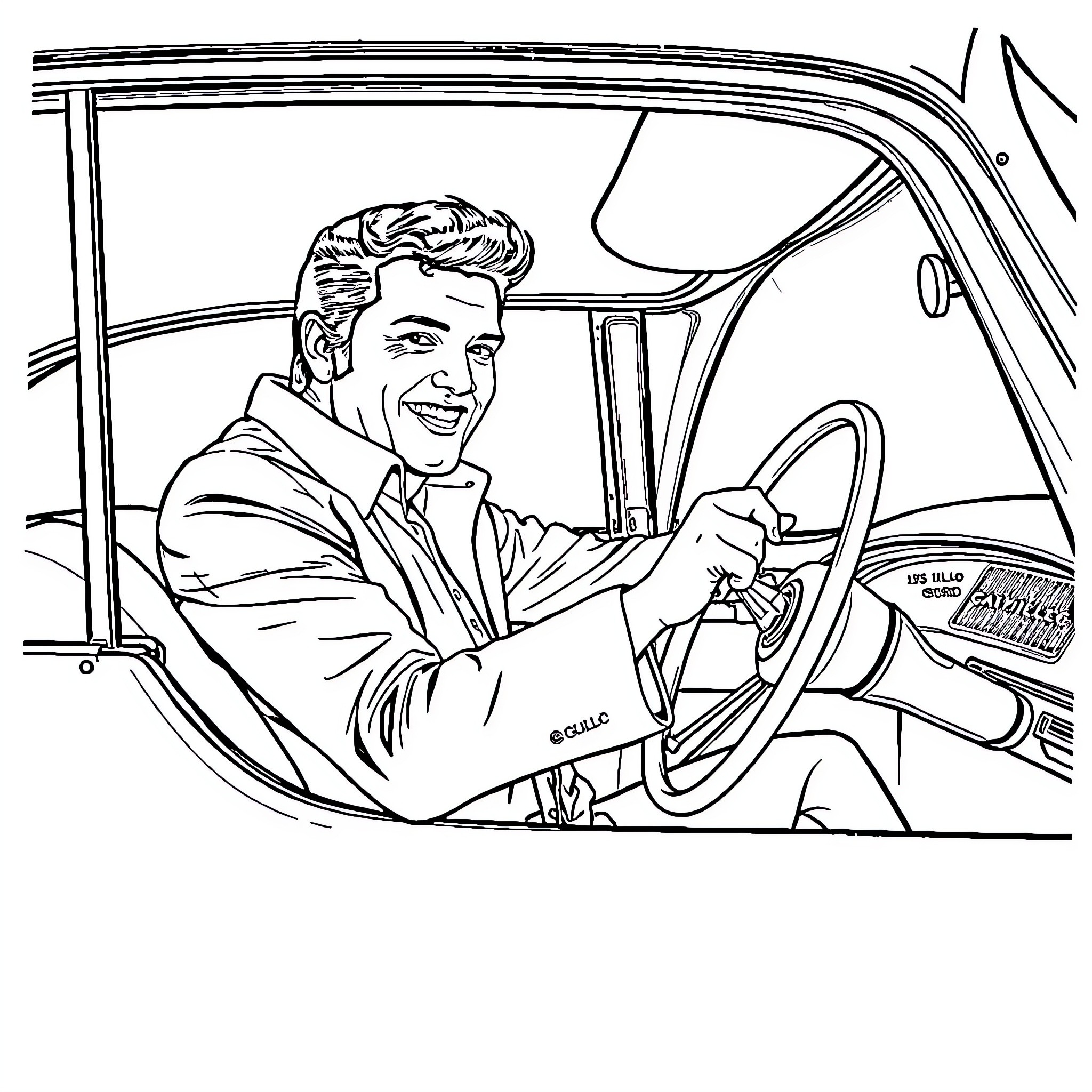 Elvis driving a classic car with a smile Coloring Page (free black-and-white line drawing printable PDF for all, from beginners to advanced learners, including children, teens, adults, and seniors)