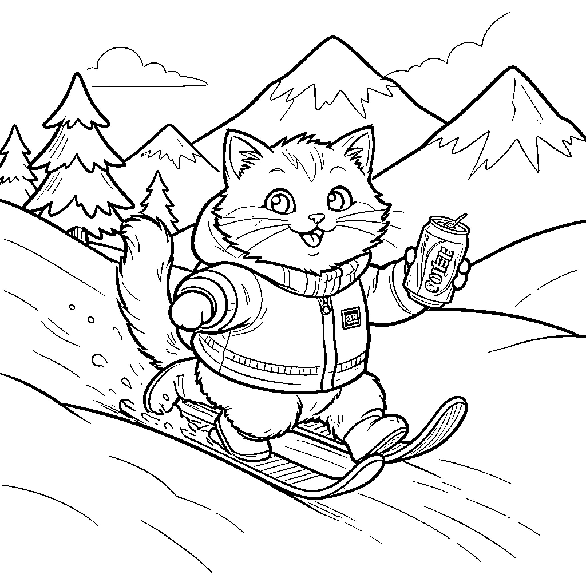 Cat skiing joyfully in the mountains Coloring Page (free black-and-white line drawing printable PDF for all, from beginners to advanced learners, including children, teens, adults, and seniors)