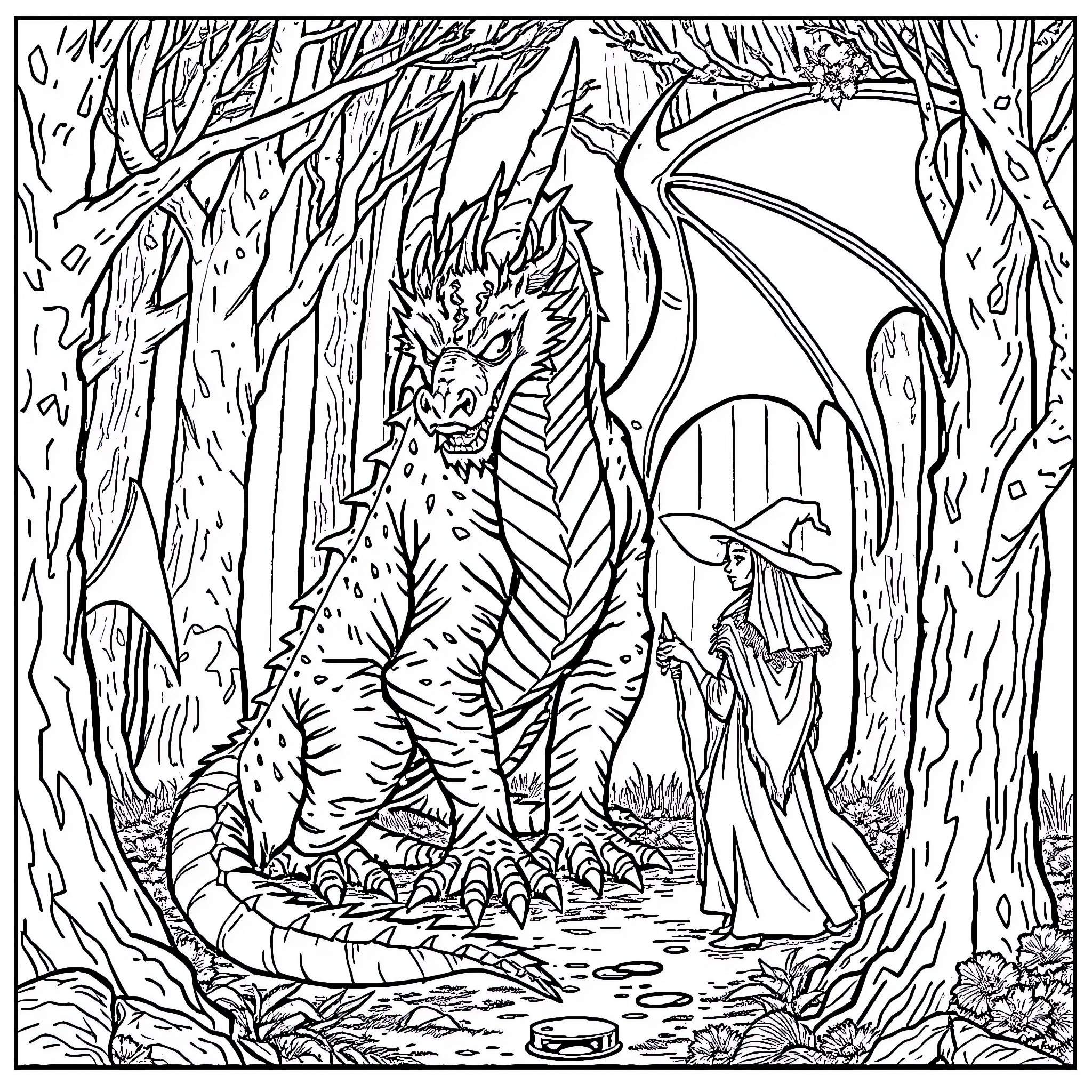 Dragon guarding its treasure in the enchanted forest Coloring Page (free black-and-white line drawing printable PDF for all, from beginners to advanced learners, including children, teens, adults, and seniors)