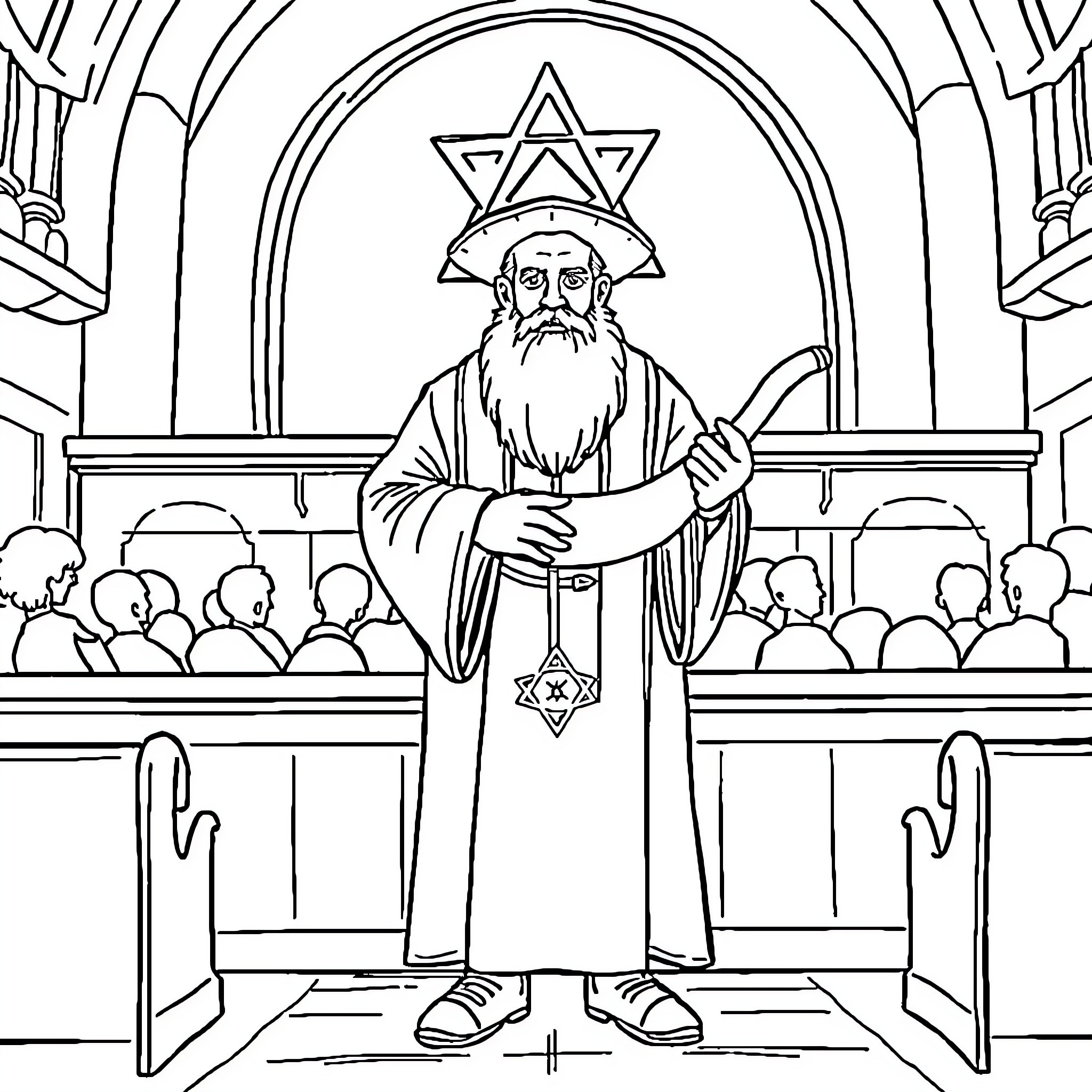 Chofar Ritual in the Synagogue Coloring Page (free black-and-white line drawing printable PDF for all, from beginners to advanced learners, including children, teens, adults, and seniors)