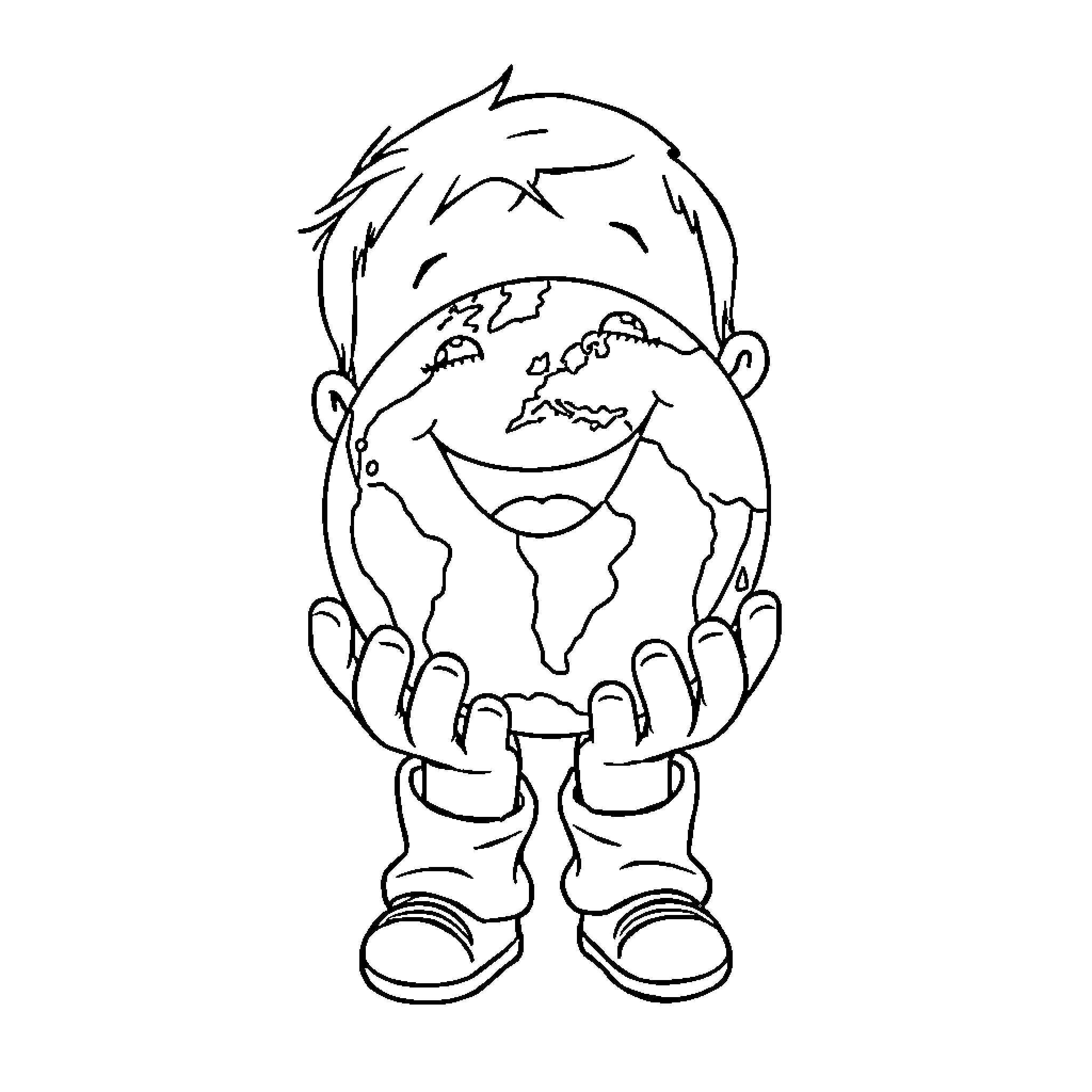 Kid Holding the World in His Hands Coloring Page (free black-and-white line drawing printable PDF for all, from beginners to advanced learners, including children, teens, adults, and seniors)