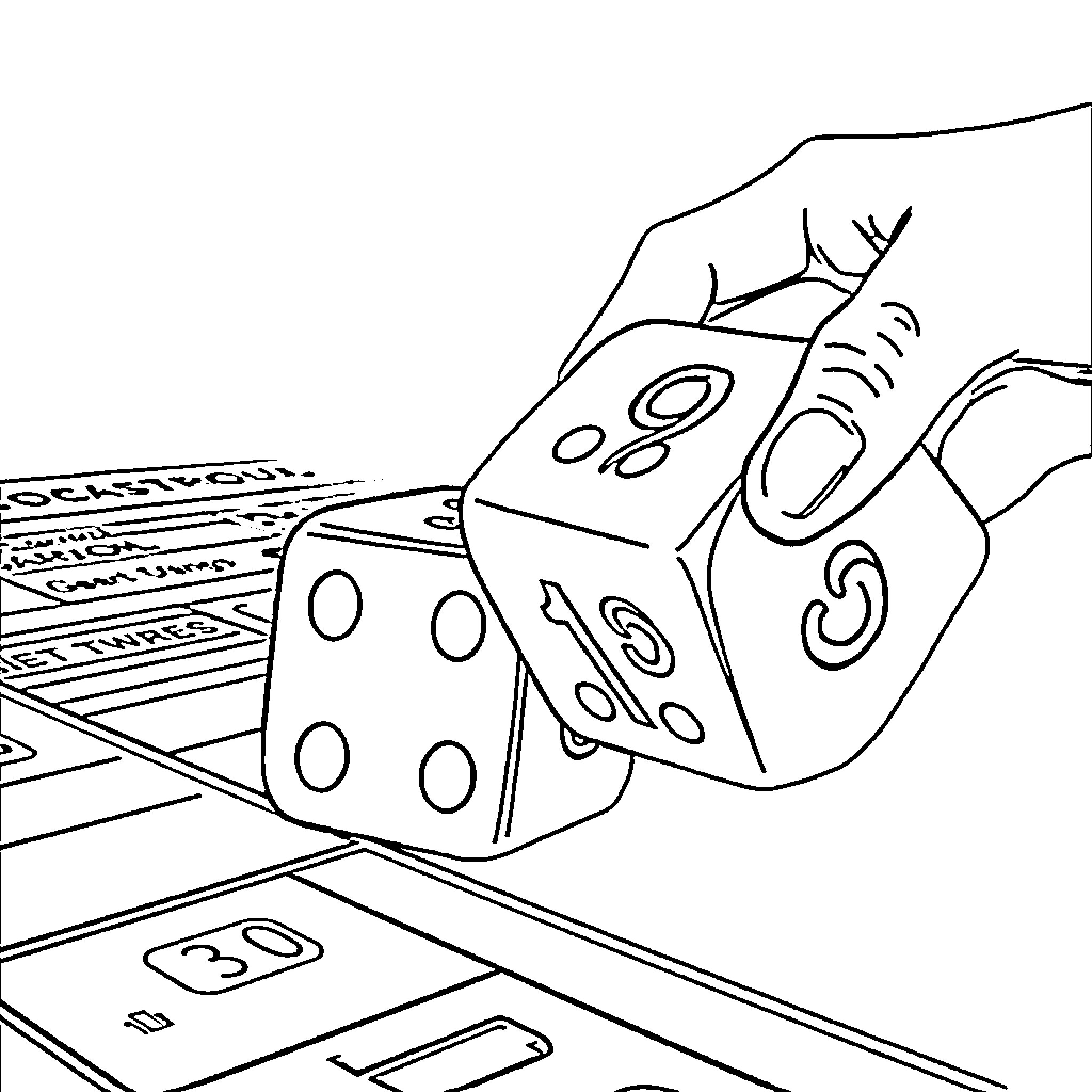 Dice rolling on game board Coloring Page (free black-and-white line drawing printable PDF for all, from beginners to advanced learners, including children, teens, adults, and seniors)