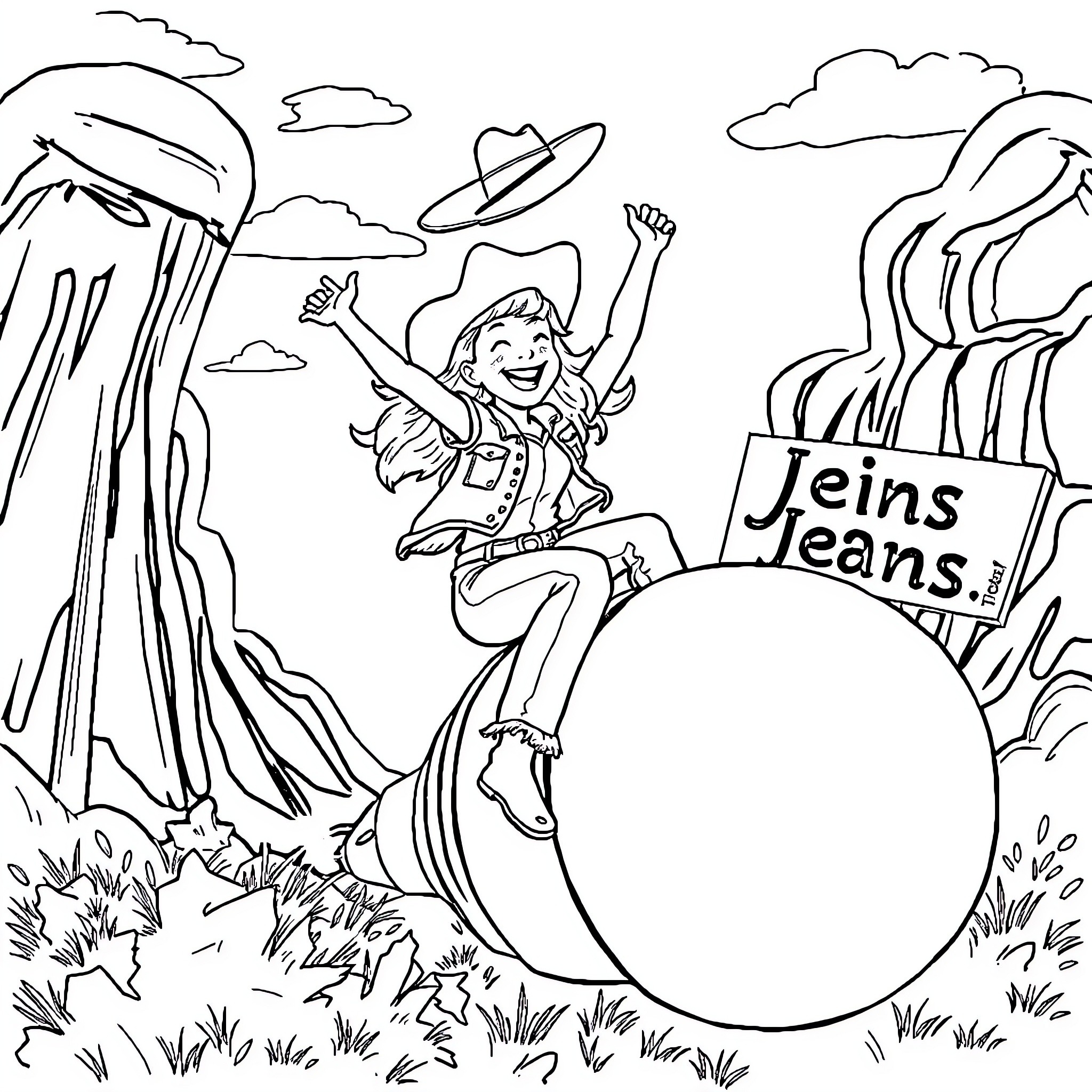 Sydney Sweeney posing cheerfully in a countryside setting Coloring Page (free black-and-white line drawing printable PDF for all, from beginners to advanced learners, including children, teens, adults, and seniors)