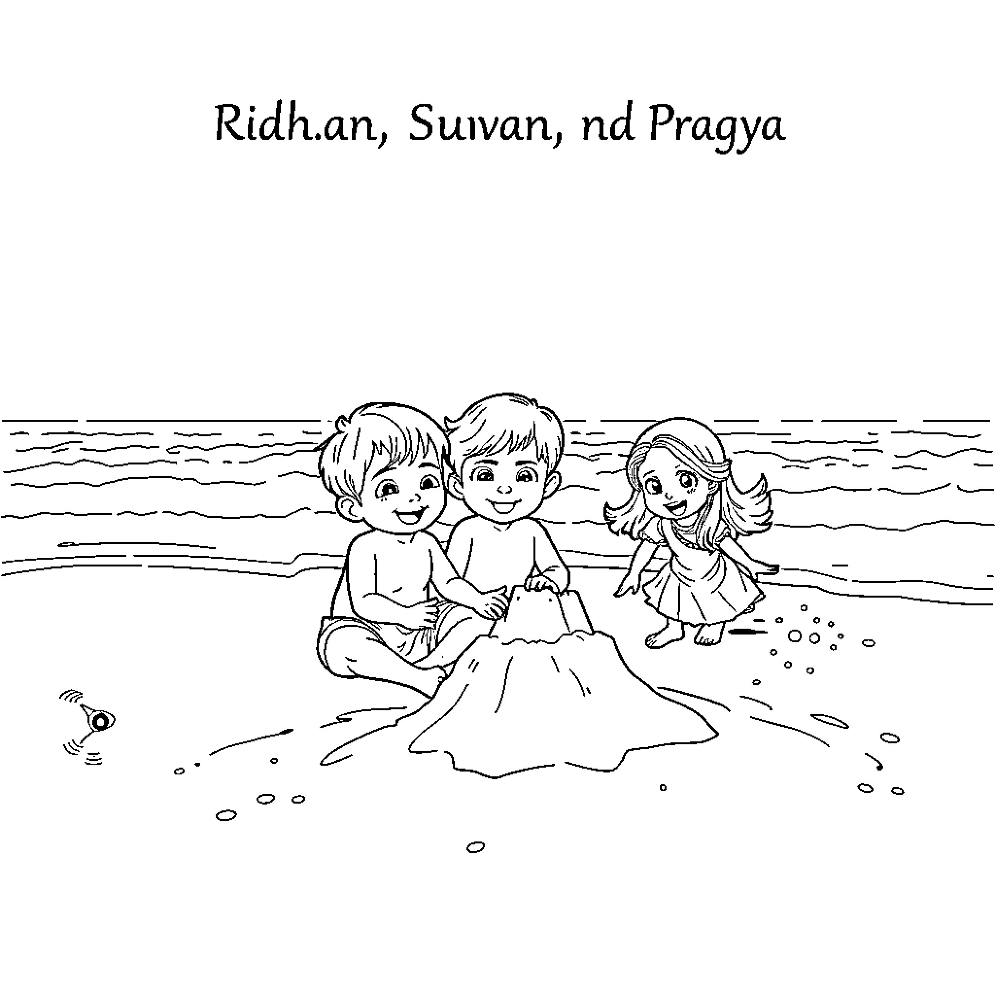 Children playing happily on the beach Coloring Page (free black-and-white line drawing printable PDF for all, from beginners to advanced learners, including children, teens, adults, and seniors)