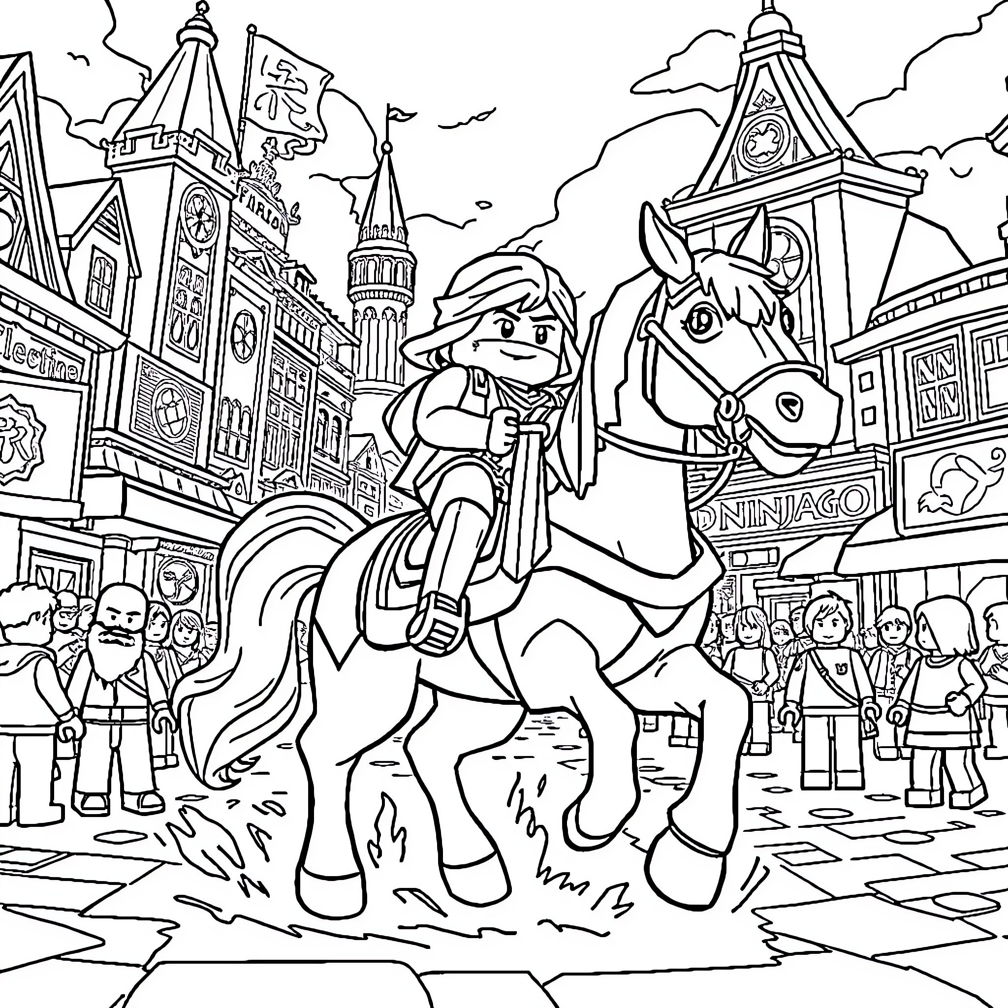 Ninjago Jay riding horse through Ninjago City Coloring Page (free black-and-white line drawing printable PDF for all, from beginners to advanced learners, including children, teens, adults, and seniors)