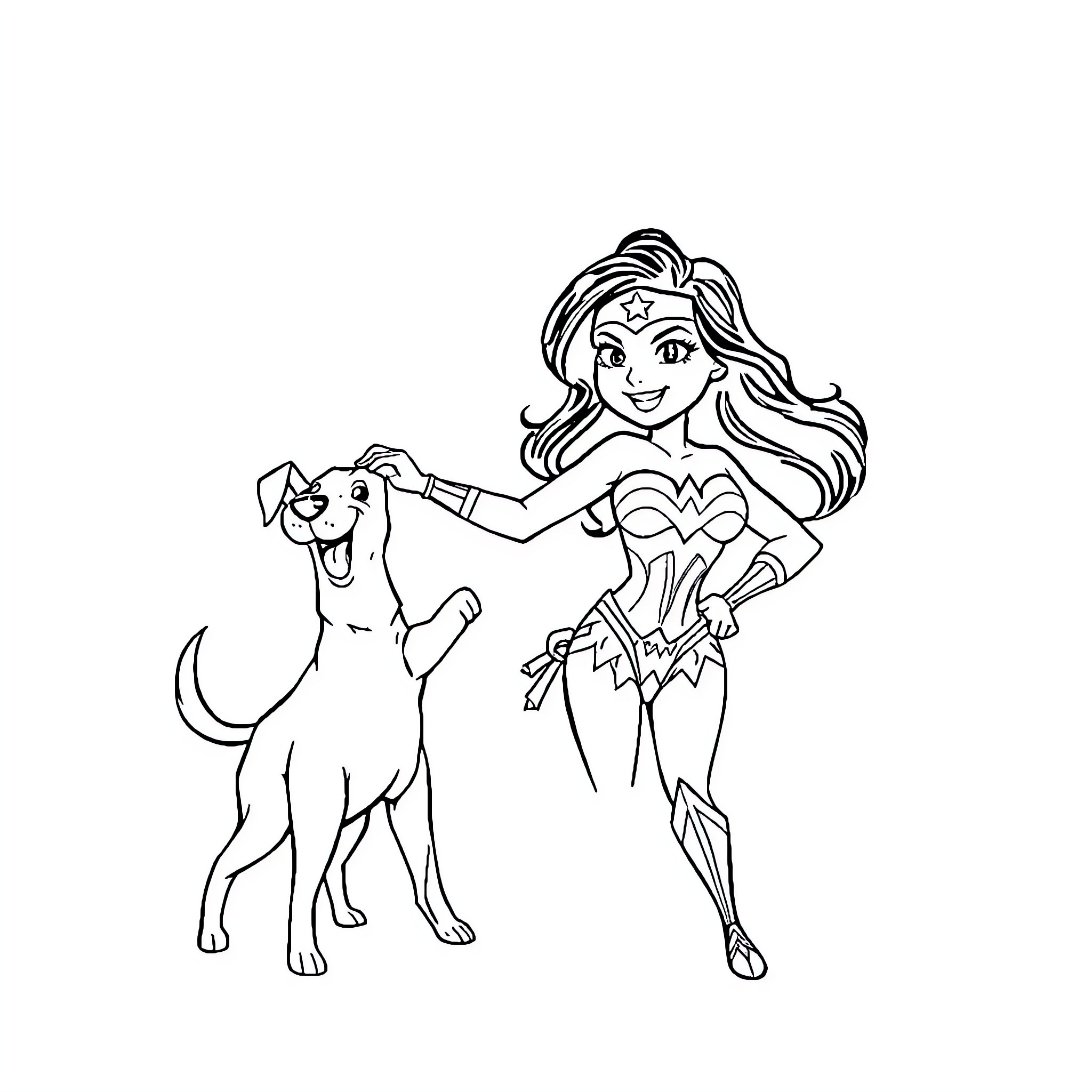 Wonder Woman sharing a friendly moment with her dog Coloring Page (free black-and-white line drawing printable PDF for all, from beginners to advanced learners, including children, teens, adults, and seniors)
