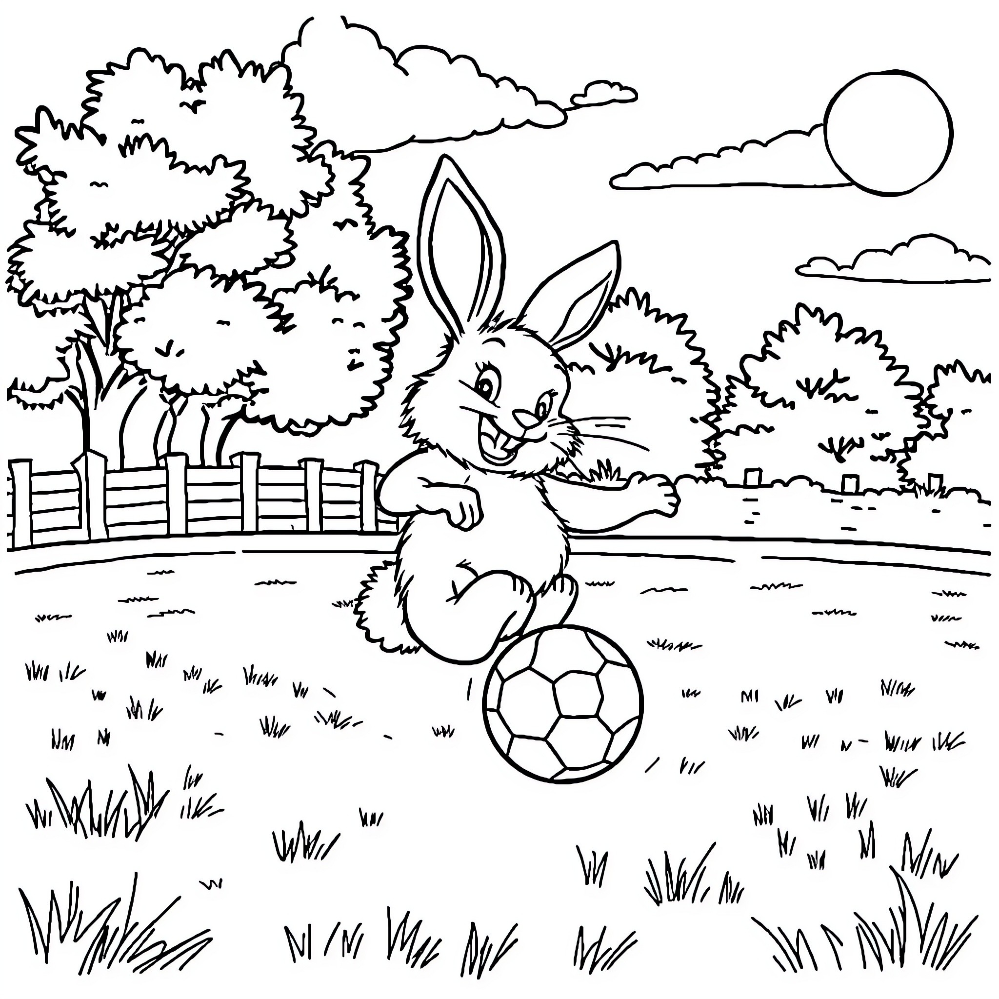 Rabbit playing cheerfully with a soccer ball in the park Coloring Page (free black-and-white line drawing printable PDF for all, from beginners to advanced learners, including children, teens, adults, and seniors)