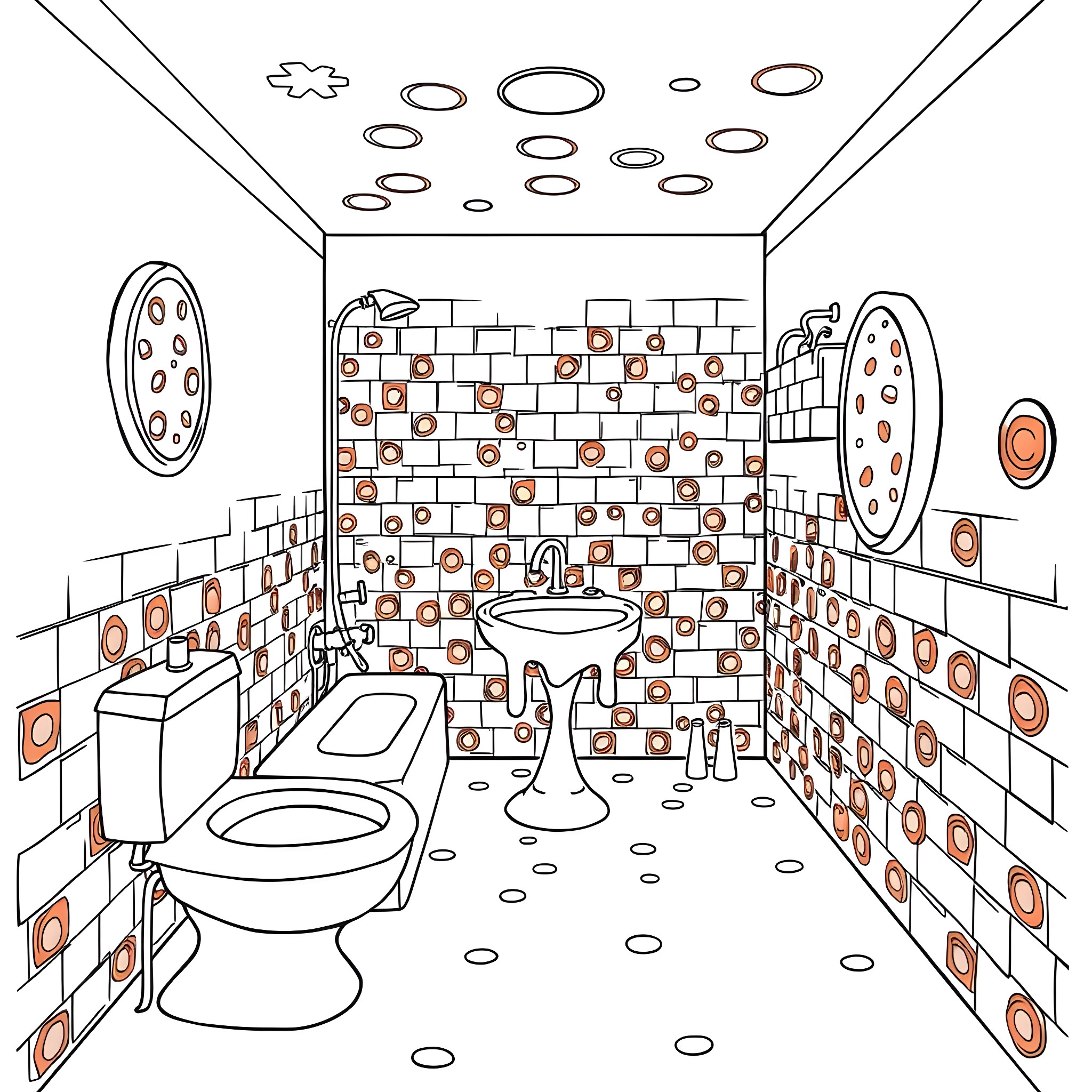 Pizza-themed bathroom with unusual decor Coloring Page (free black-and-white line drawing printable PDF for all, from beginners to advanced learners, including children, teens, adults, and seniors)