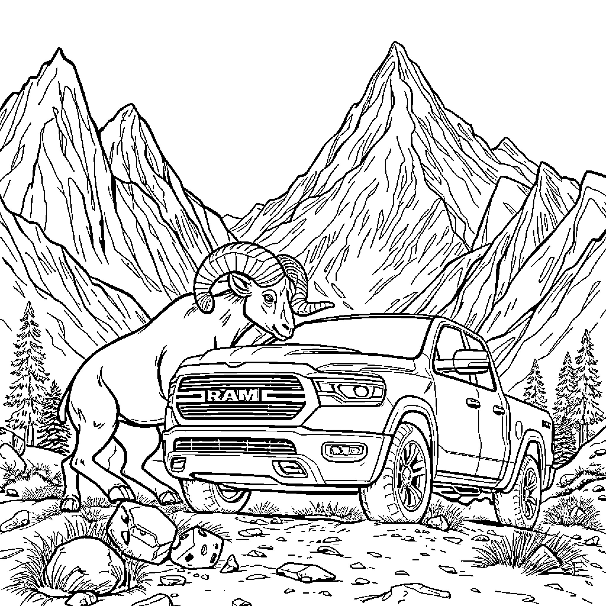 Ram truck climbing rugged mountain terrain Coloring Page (free black-and-white line drawing printable PDF for all, from beginners to advanced learners, including children, teens, adults, and seniors)