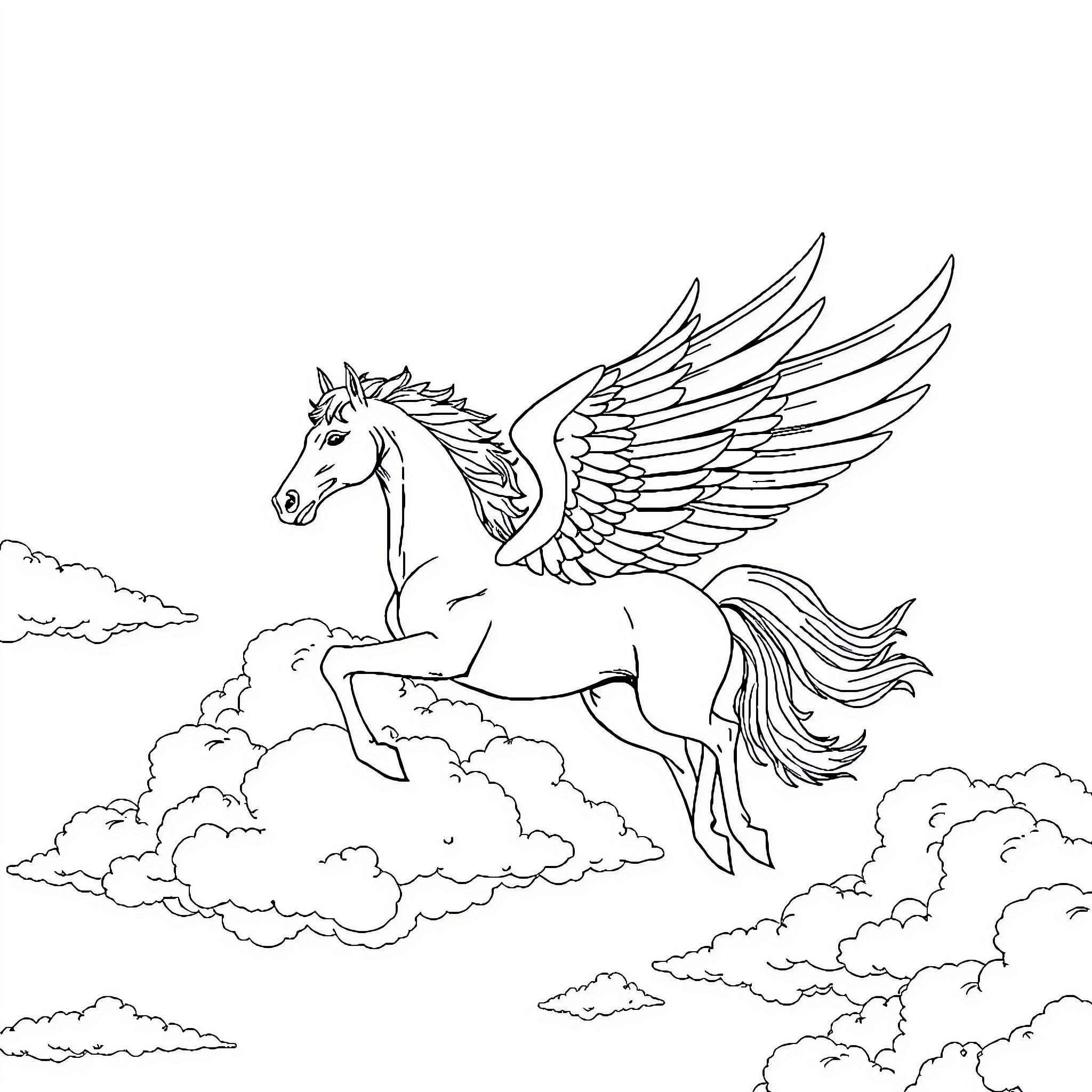 Pegasus soaring among the clouds Coloring Page (free black-and-white line drawing printable PDF for all, from beginners to advanced learners, including children, teens, adults, and seniors)