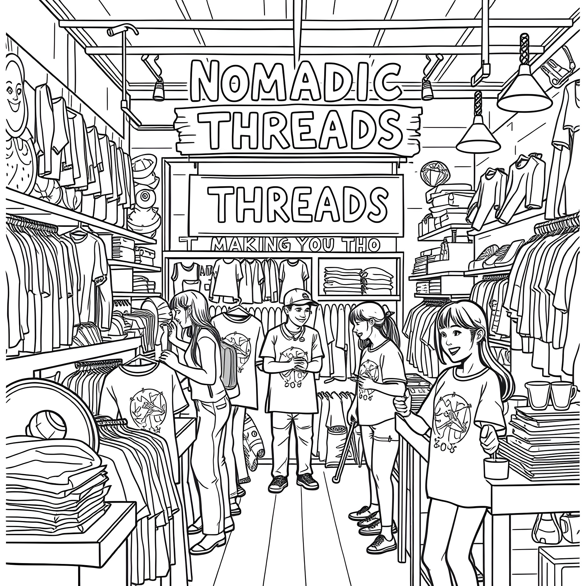 Shop featuring diverse customers and clothing Coloring Page (free black-and-white line drawing printable PDF for all, from beginners to advanced learners, including children, teens, adults, and seniors)