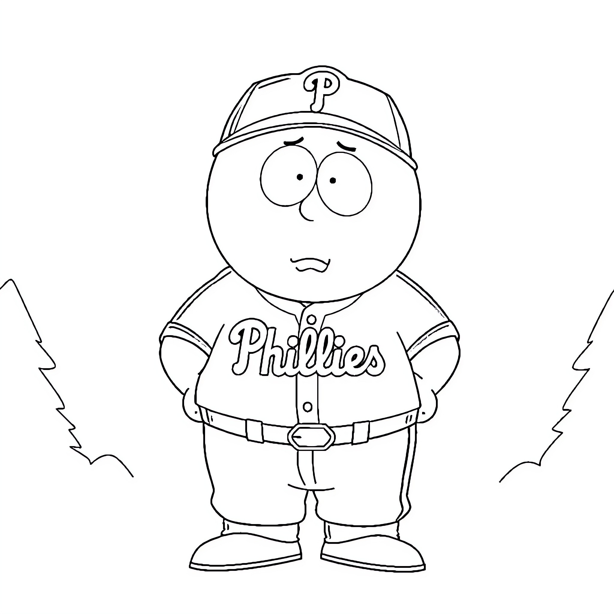Cartman in his Phillies baseball uniform Coloring Page (free black-and-white line drawing printable PDF for all, from beginners to advanced learners, including children, teens, adults, and seniors)