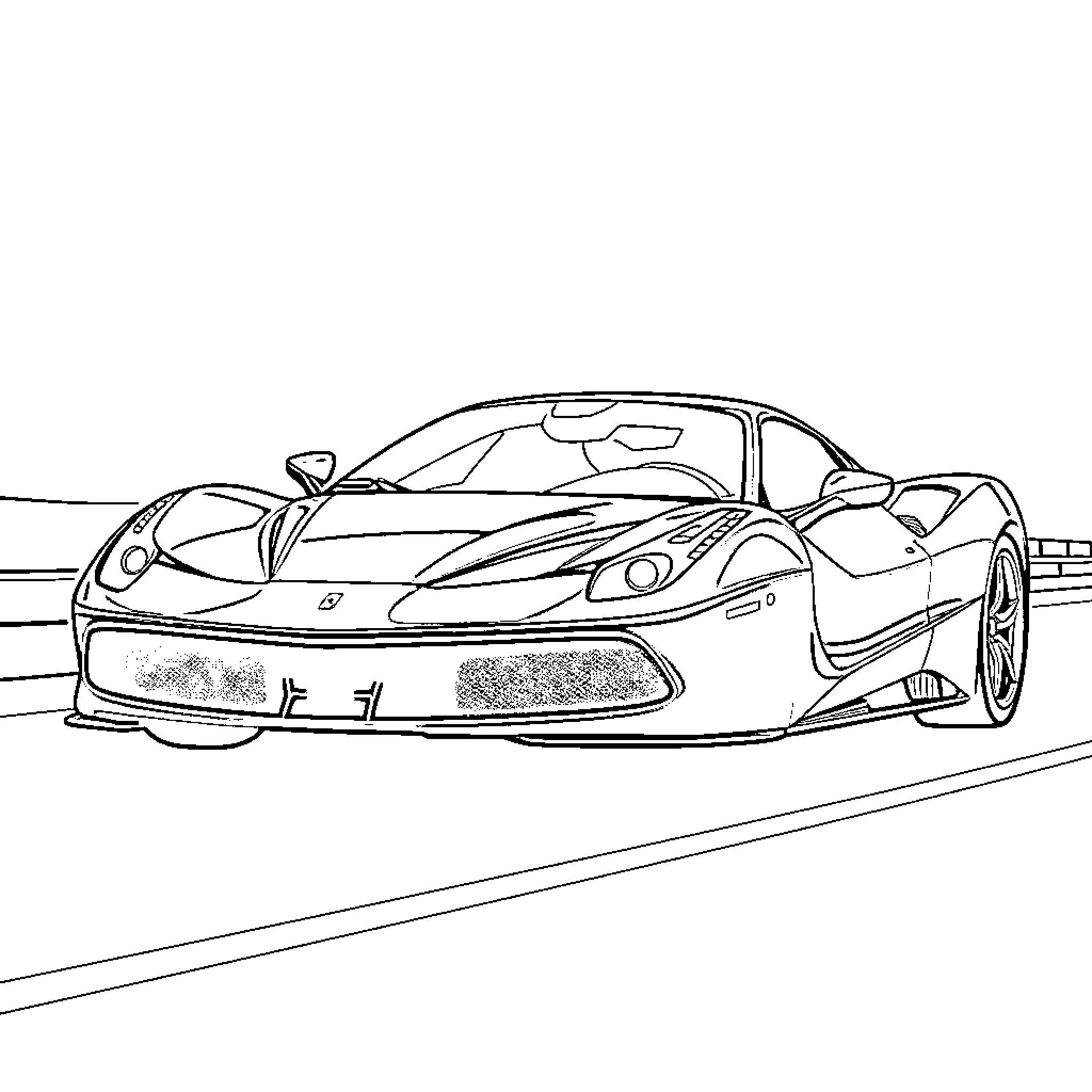 Ferrari racecar speeding on the track Coloring Page (free black-and-white line drawing printable PDF for all, from beginners to advanced learners, including children, teens, adults, and seniors)