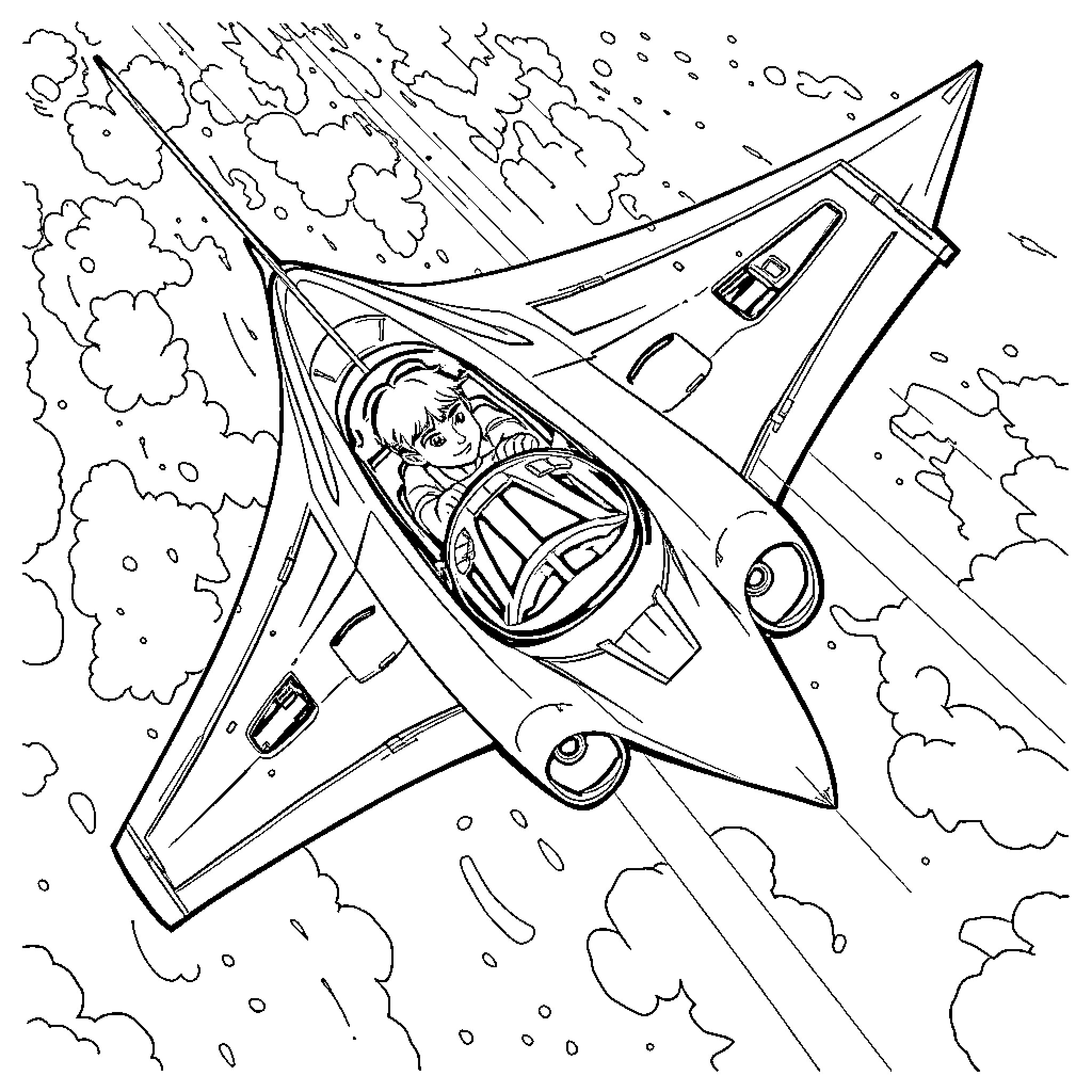 Hypersonic Jet Soaring Through the Skies Coloring Page (free black-and-white line drawing printable PDF for all, from beginners to advanced learners, including children, teens, adults, and seniors)