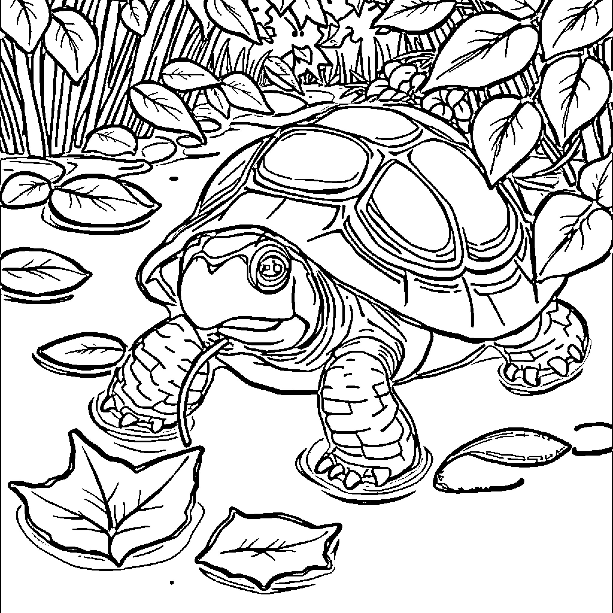 Turtle exploring the lush vegetation Coloring Page (free black-and-white line drawing printable PDF for all, from beginners to advanced learners, including children, teens, adults, and seniors)