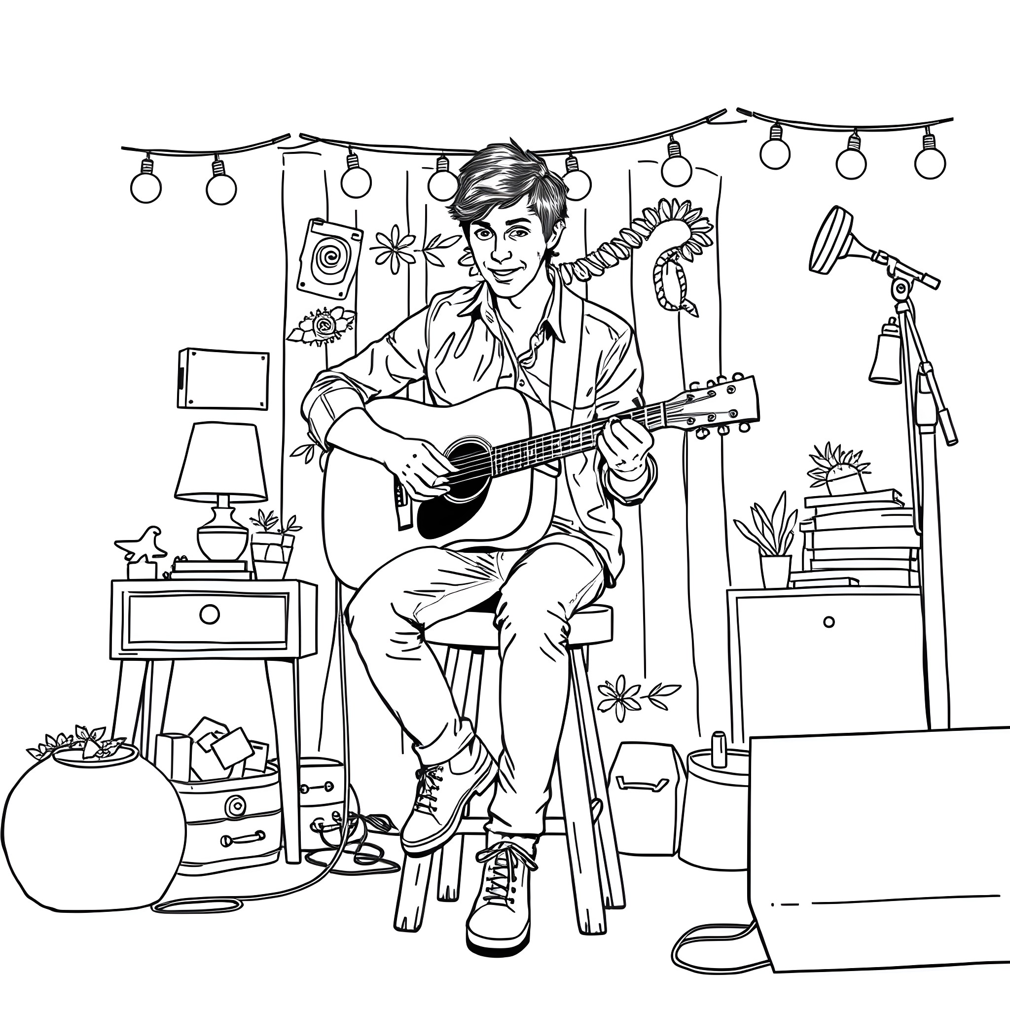 Noel Gallagher playing guitar in a cozy studio setting Coloring Page (free black-and-white line drawing printable PDF for all, from beginners to advanced learners, including children, teens, adults, and seniors)