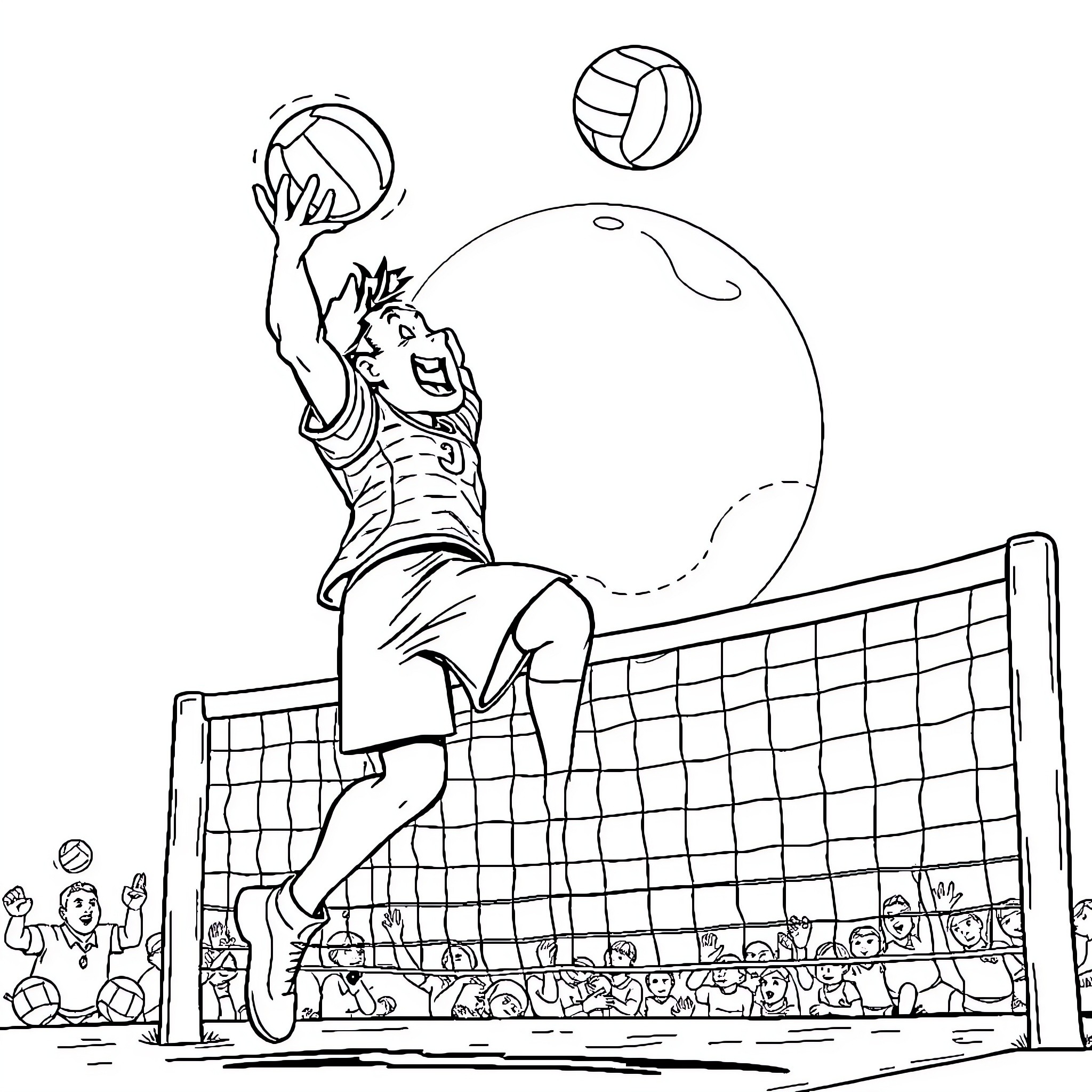Volleyball player making a spike shot over the net Coloring Page (free black-and-white line drawing printable PDF for all, from beginners to advanced learners, including children, teens, adults, and seniors)
