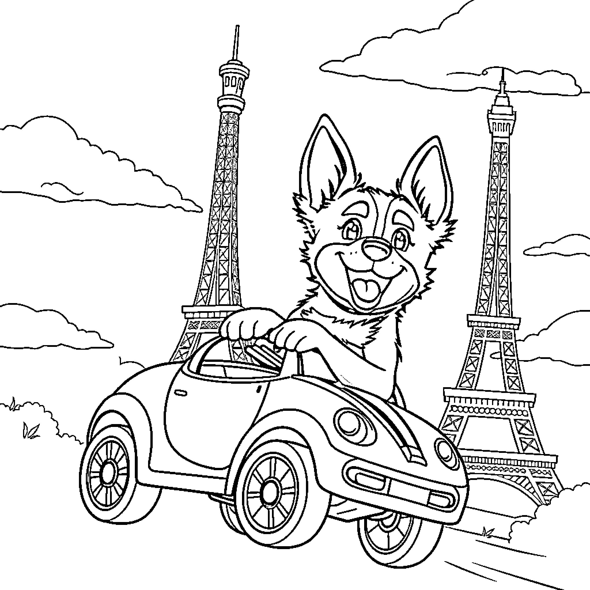 Bluey's Parisian Adventure in a Tiny Car Coloring Page (free black-and-white line drawing printable PDF for all, from beginners to advanced learners, including children, teens, adults, and seniors)