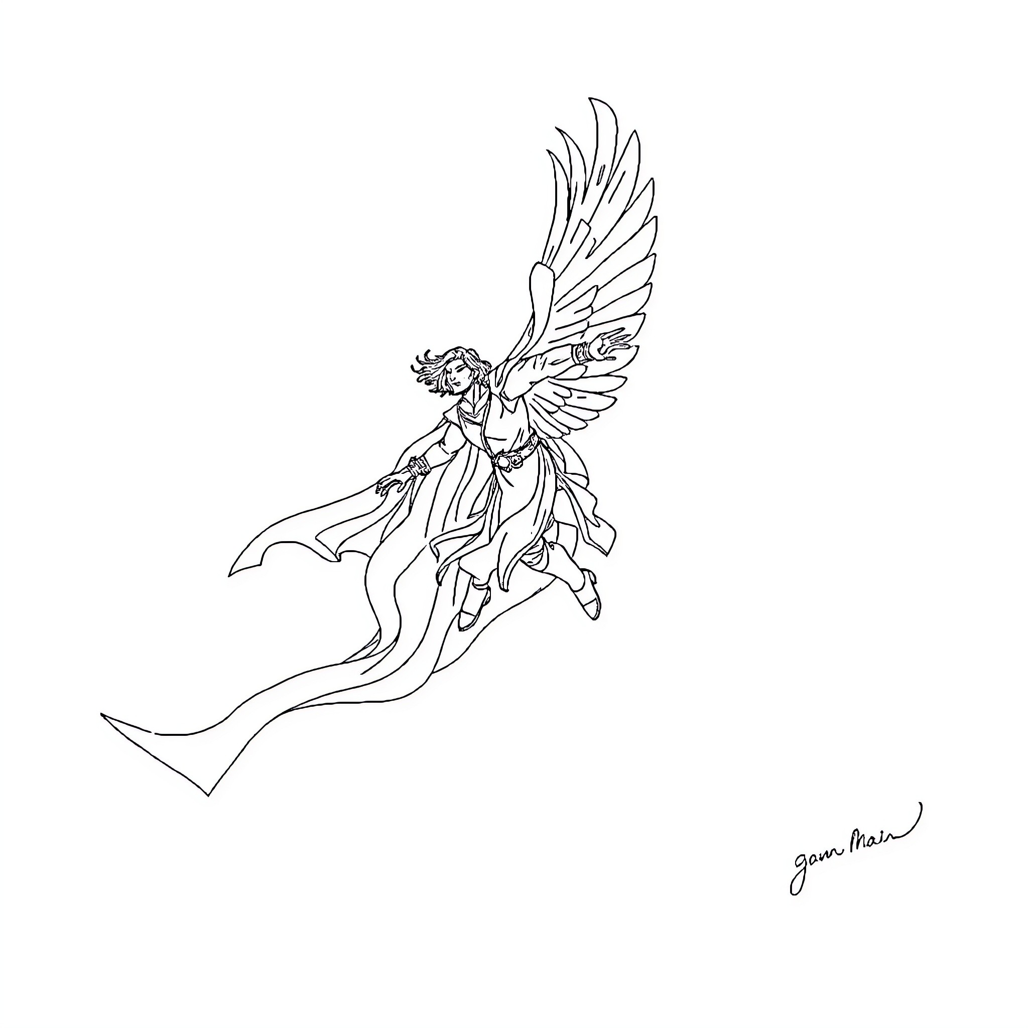 Kaladin soaring with graceful wings Coloring Page (free black-and-white line drawing printable PDF for all, from beginners to advanced learners, including children, teens, adults, and seniors)