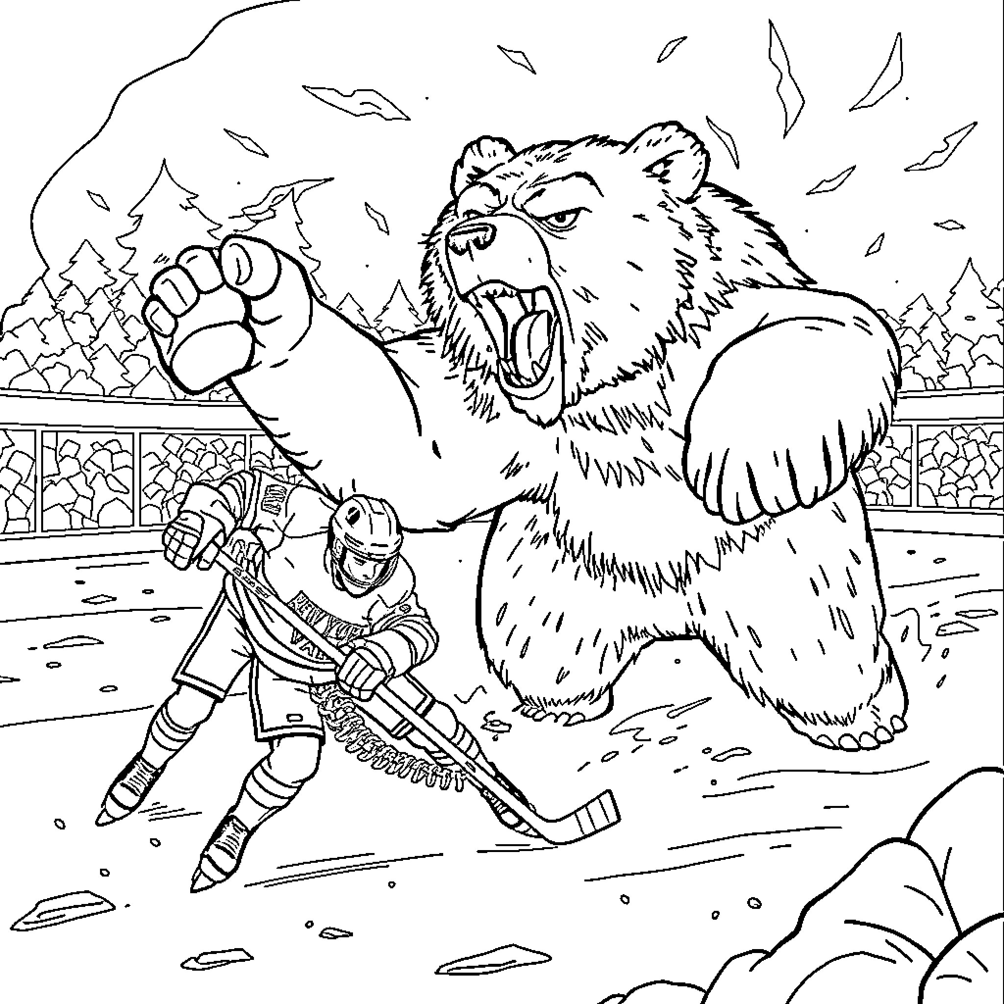 New York Rangers battling a ferocious bear on the ice Coloring Page (free black-and-white line drawing printable PDF for all, from beginners to advanced learners, including children, teens, adults, and seniors)