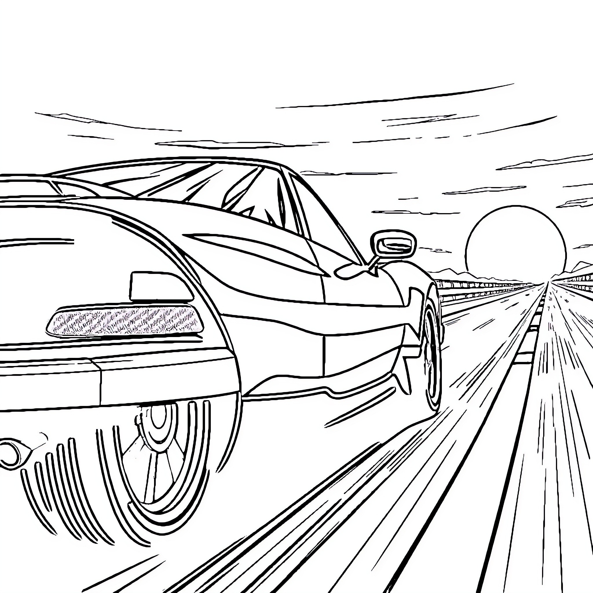K2000 speeding through the desert landscape Coloring Page (free black-and-white line drawing printable PDF for all, from beginners to advanced learners, including children, teens, adults, and seniors)