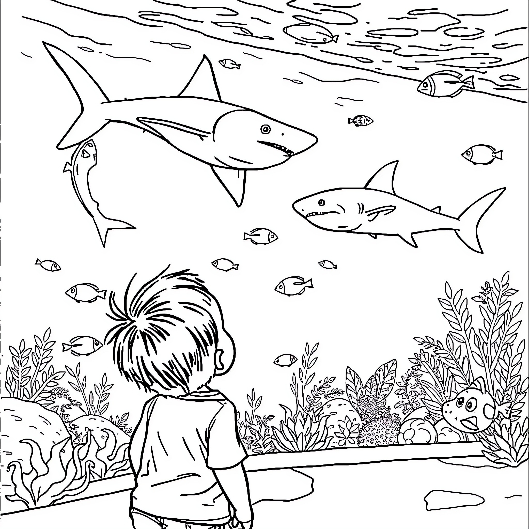 Toddler exploring underwater marine life in the ocean Coloring Page (free black-and-white line drawing printable PDF for all, from beginners to advanced learners, including children, teens, adults, and seniors)