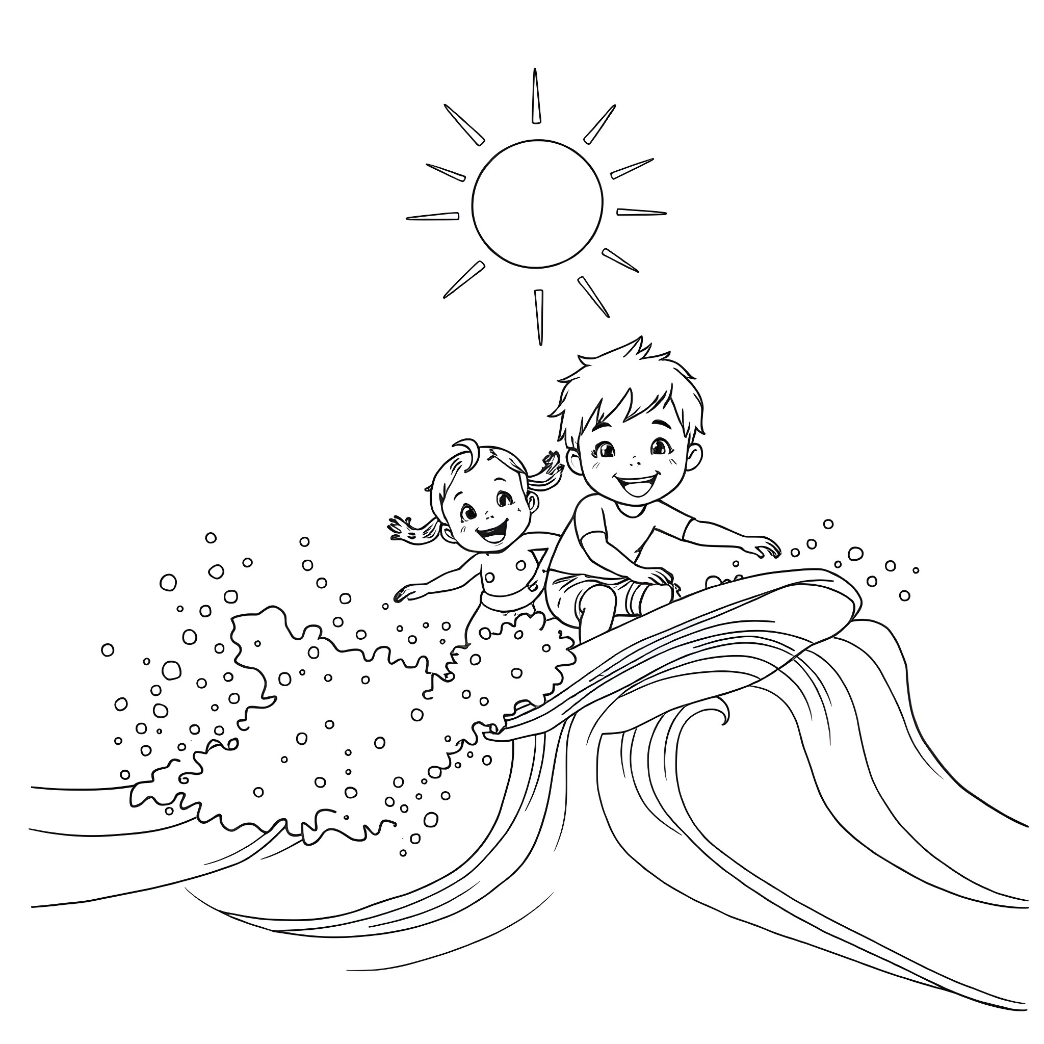 Siblings playing joyfully in the waves Coloring Page (free black-and-white line drawing printable PDF for all, from beginners to advanced learners, including children, teens, adults, and seniors)