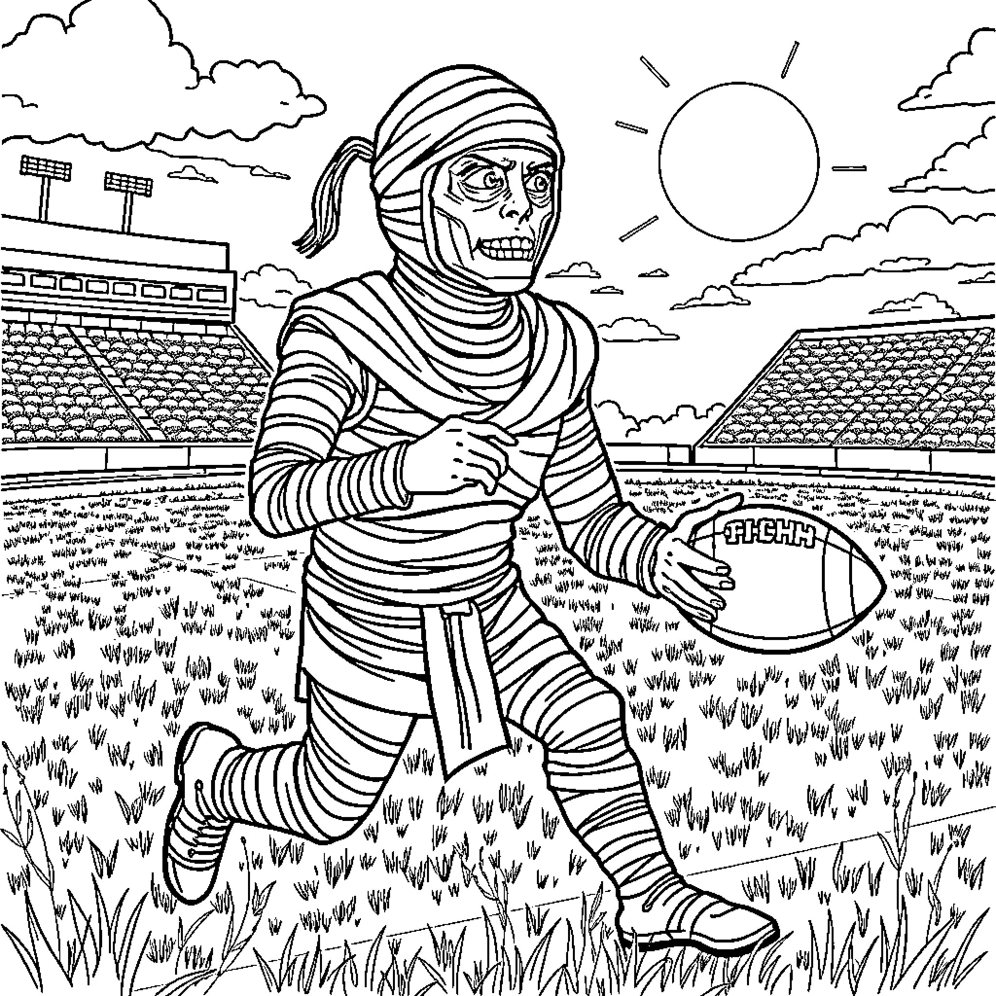 Mummy playing football on the field Coloring Page (free black-and-white line drawing printable PDF for all, from beginners to advanced learners, including children, teens, adults, and seniors)