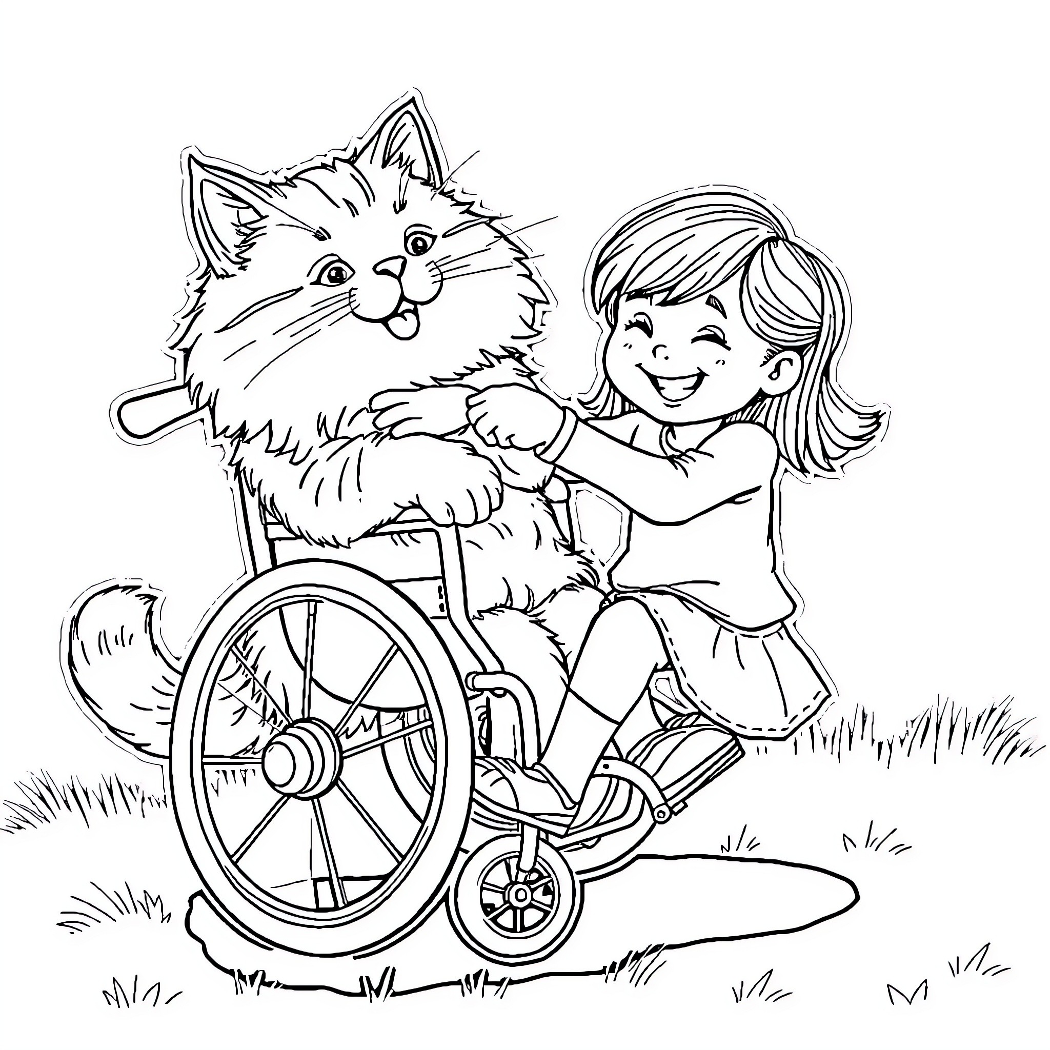 Cat and Girl in Wheelchair Playing Together Coloring Page (free black-and-white line drawing printable PDF for all, from beginners to advanced learners, including children, teens, adults, and seniors)