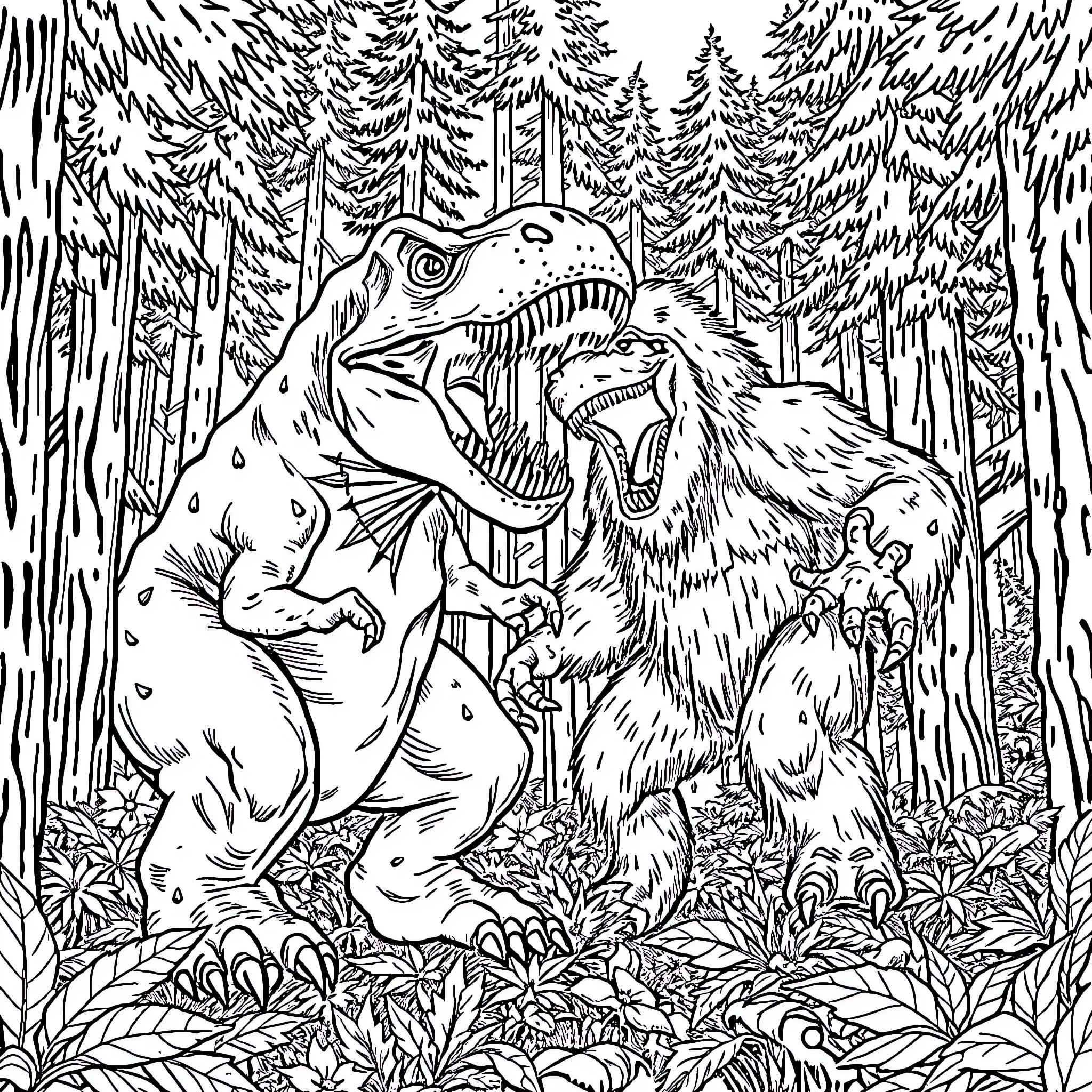 T-Rex Fighting Woolly Mammoth in Forest Coloring Page (free black-and-white line drawing printable PDF for all, from beginners to advanced learners, including children, teens, adults, and seniors)