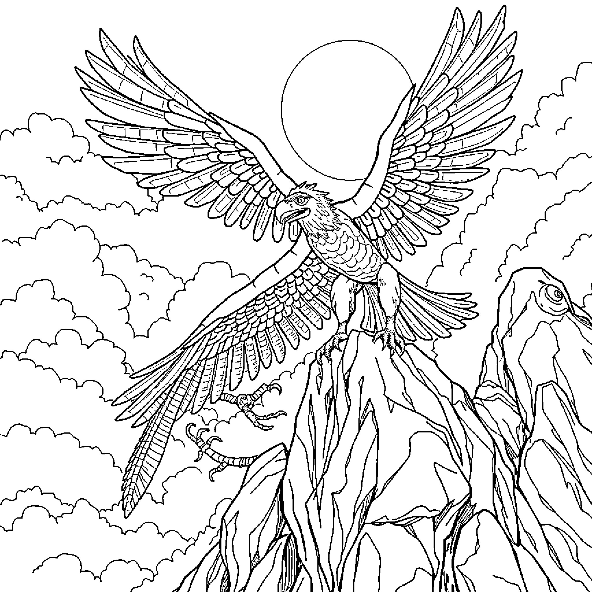 Quetzalcoatlus soaring majestically over rugged terrain Coloring Page (free black-and-white line drawing printable PDF for all, from beginners to advanced learners, including children, teens, adults, and seniors)