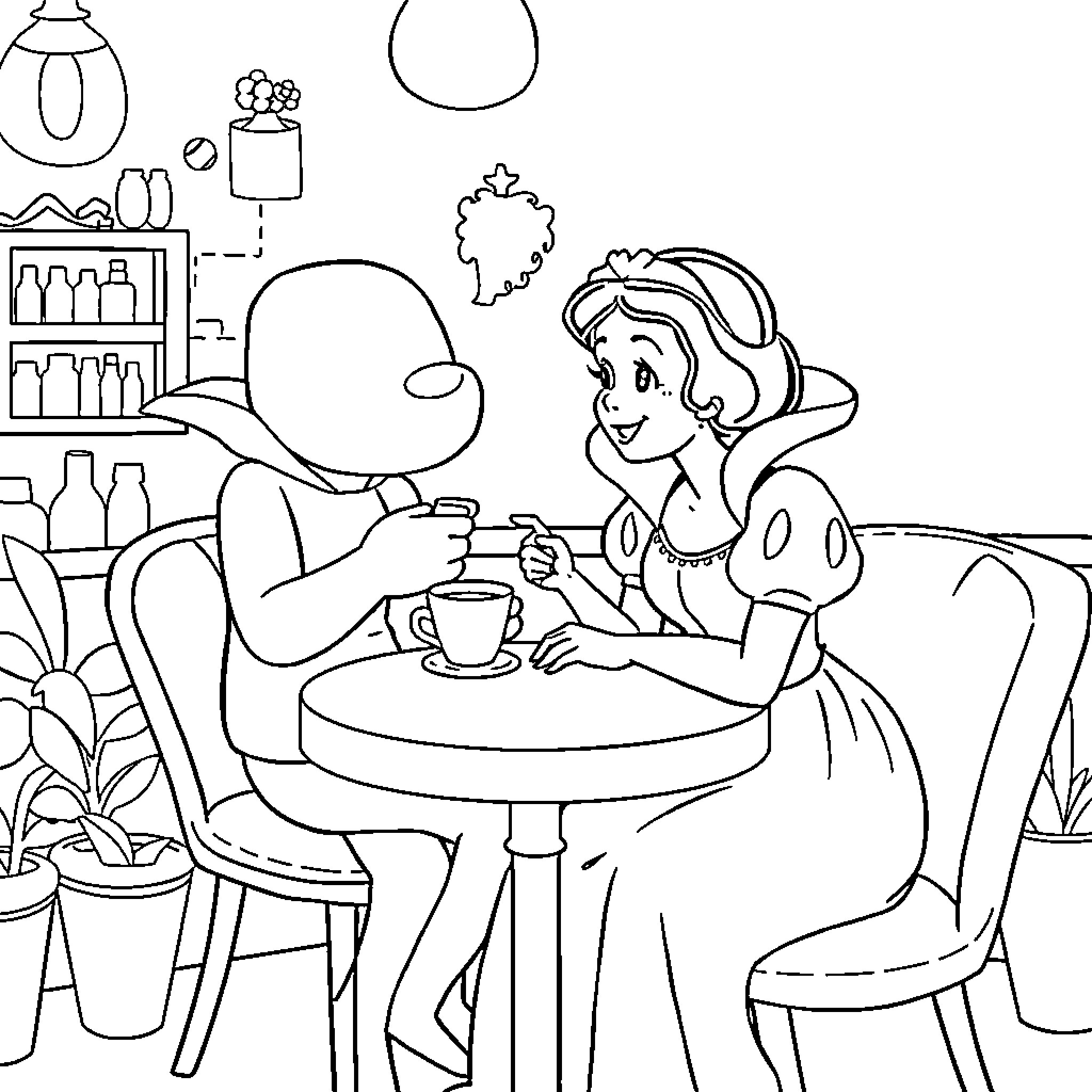 Bluey enjoying a friendly chat with a companion Coloring Page (free black-and-white line drawing printable PDF for all, from beginners to advanced learners, including children, teens, adults, and seniors)