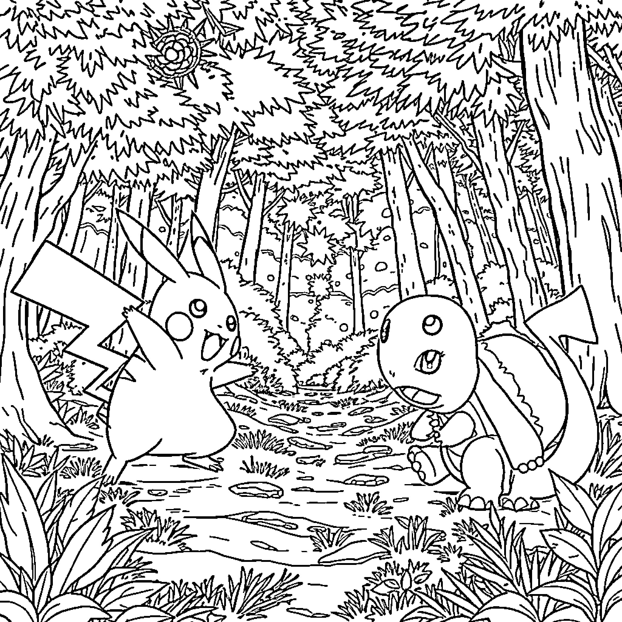 Pikachu and friends exploring the enchanted forest Coloring Page (free black-and-white line drawing printable PDF for all, from beginners to advanced learners, including children, teens, adults, and seniors)