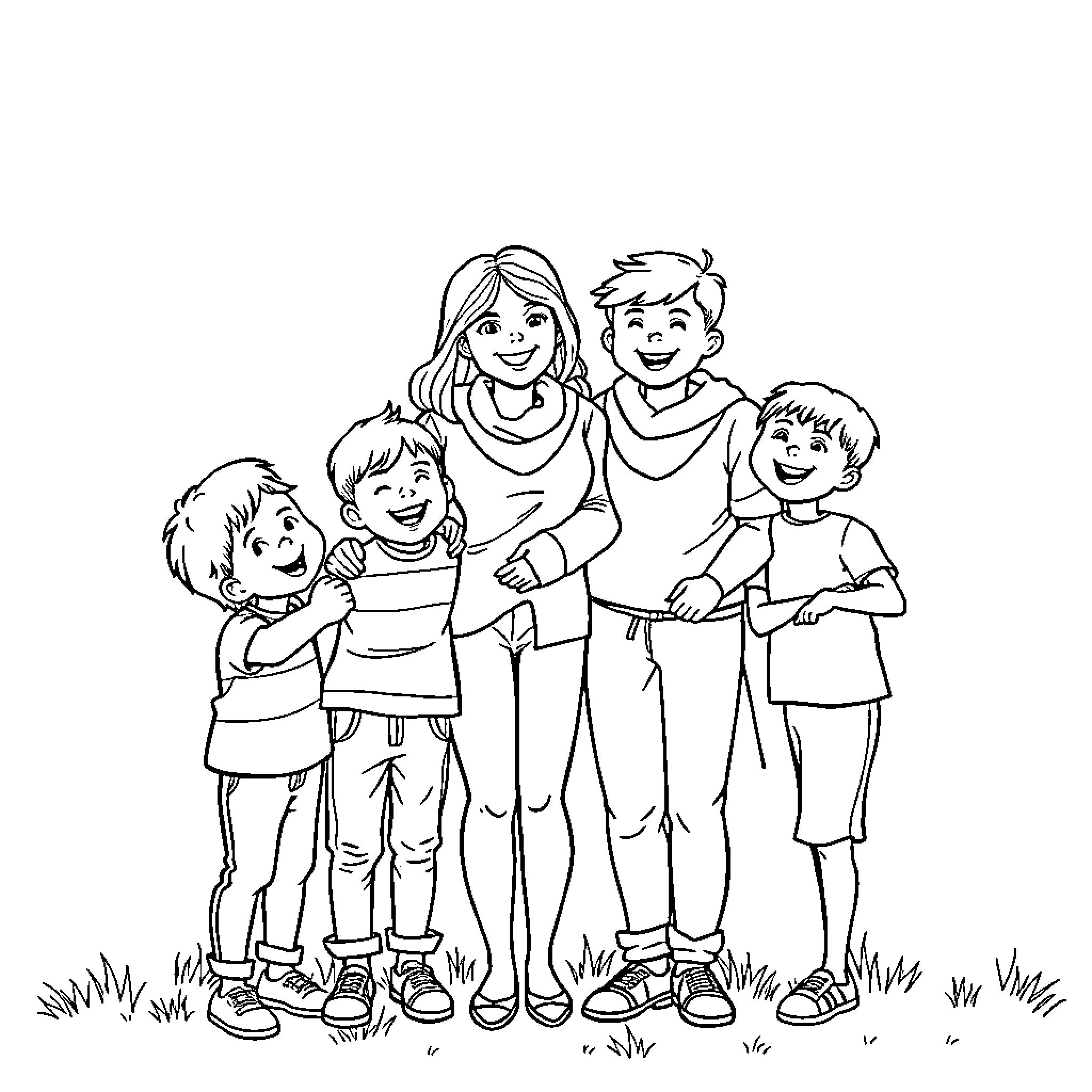 Family having fun together outdoors Coloring Page (free black-and-white line drawing printable PDF for all, from beginners to advanced learners, including children, teens, adults, and seniors)